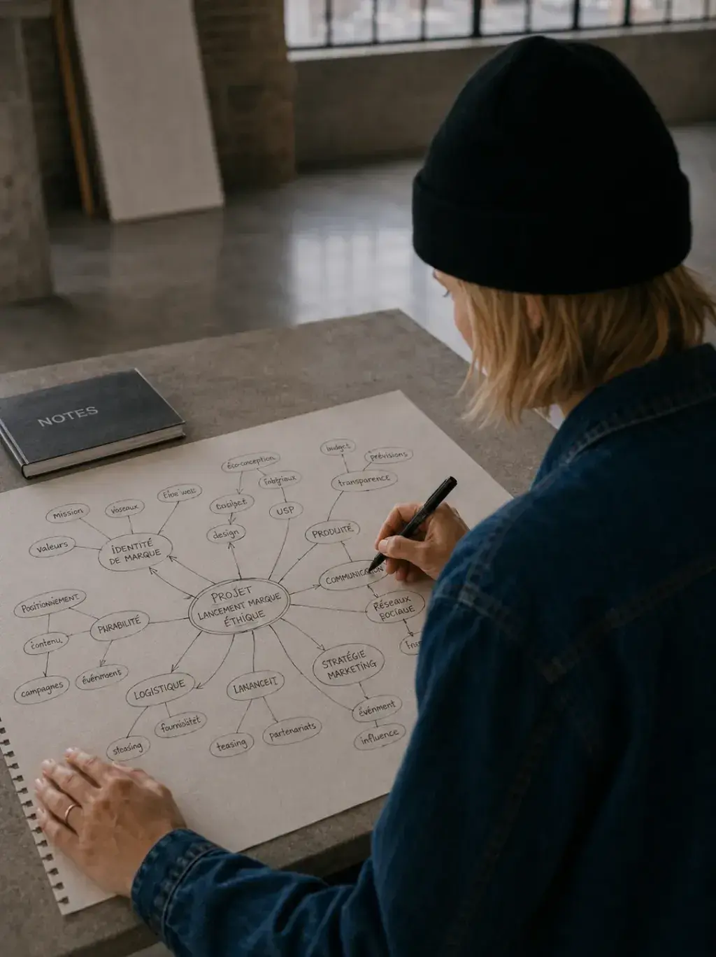 Graphiste de dos penchée sur une grande carte mentale « Brand Positioning » tracée au crayon sur papier craft