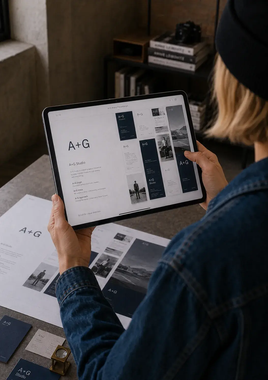 Graphiste de dos tenant une tablette iPad affichant le site de présentation A+G Studio, documents et cartes de visite sur table