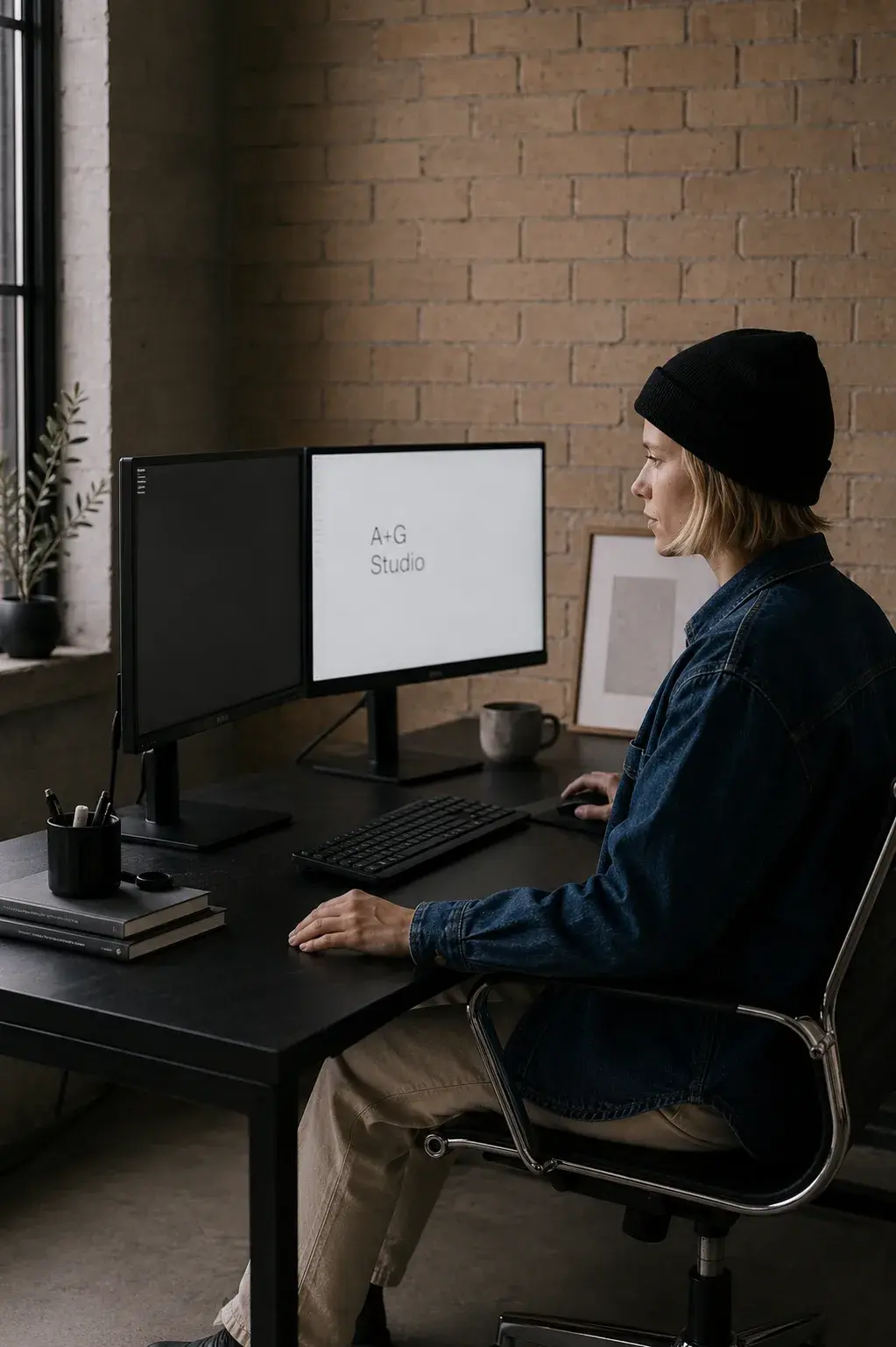 Graphiste de profil dans bureau calme devant double écran affichant le nom A+G Studio en texte blanc sur fond gris