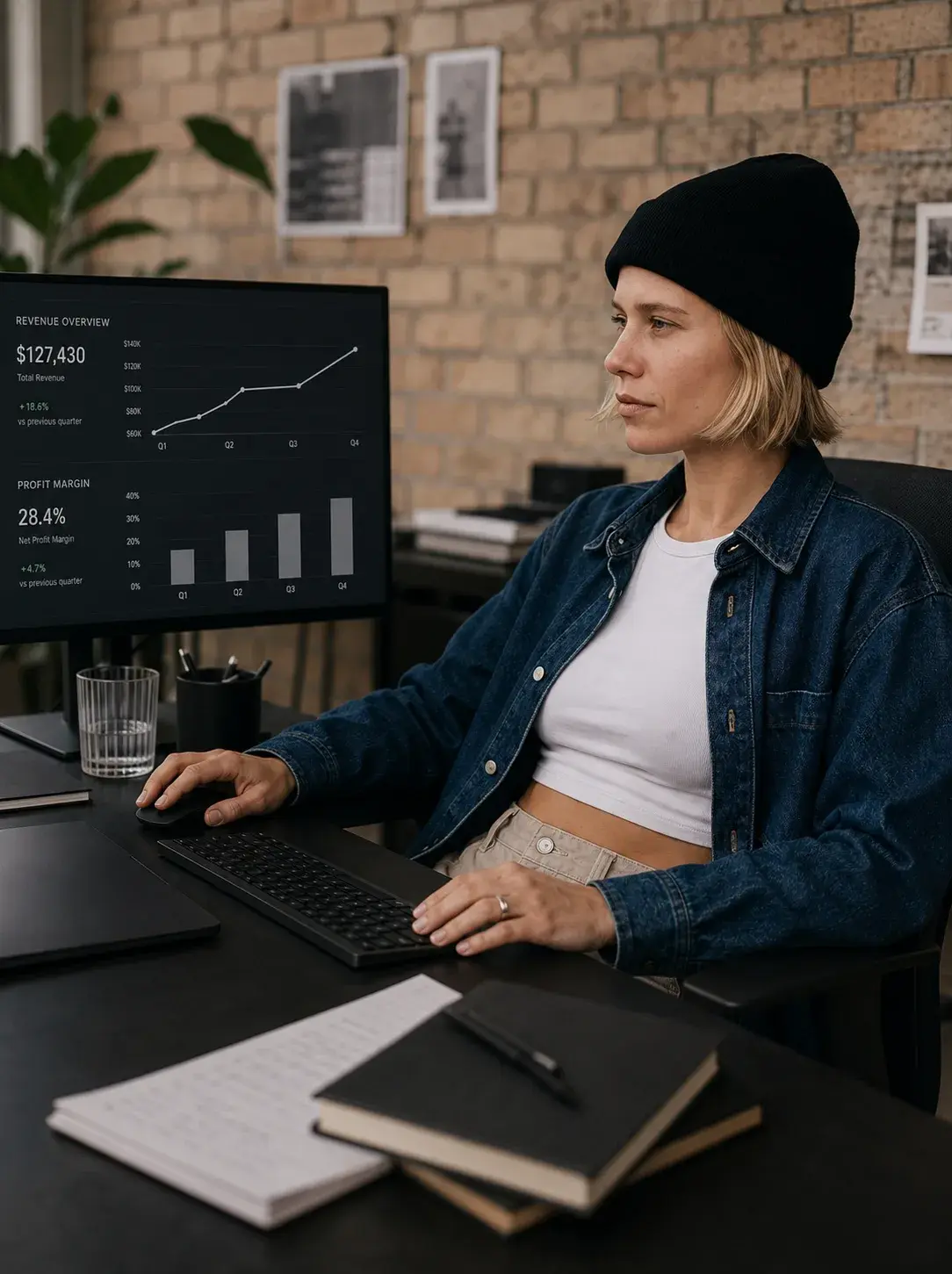Graphiste de profil devant grand écran sombre affichant un tableau de bord financier avec revenue de $127 430 et marge de 28,4%