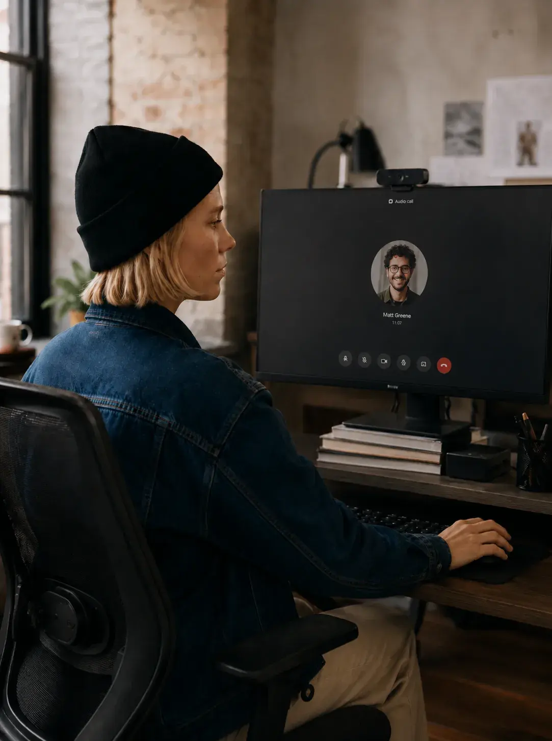 Graphiste de profil en appel vidéo avec un client masculin sur grand écran de bureau dans un loft studio