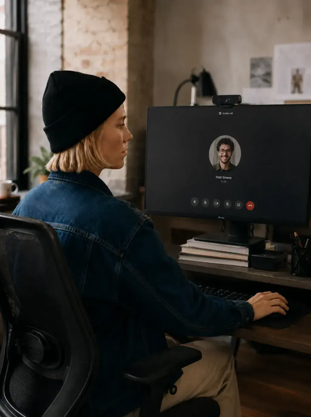 Graphiste de profil en appel vidéo avec un client masculin sur grand écran de bureau dans un loft studio