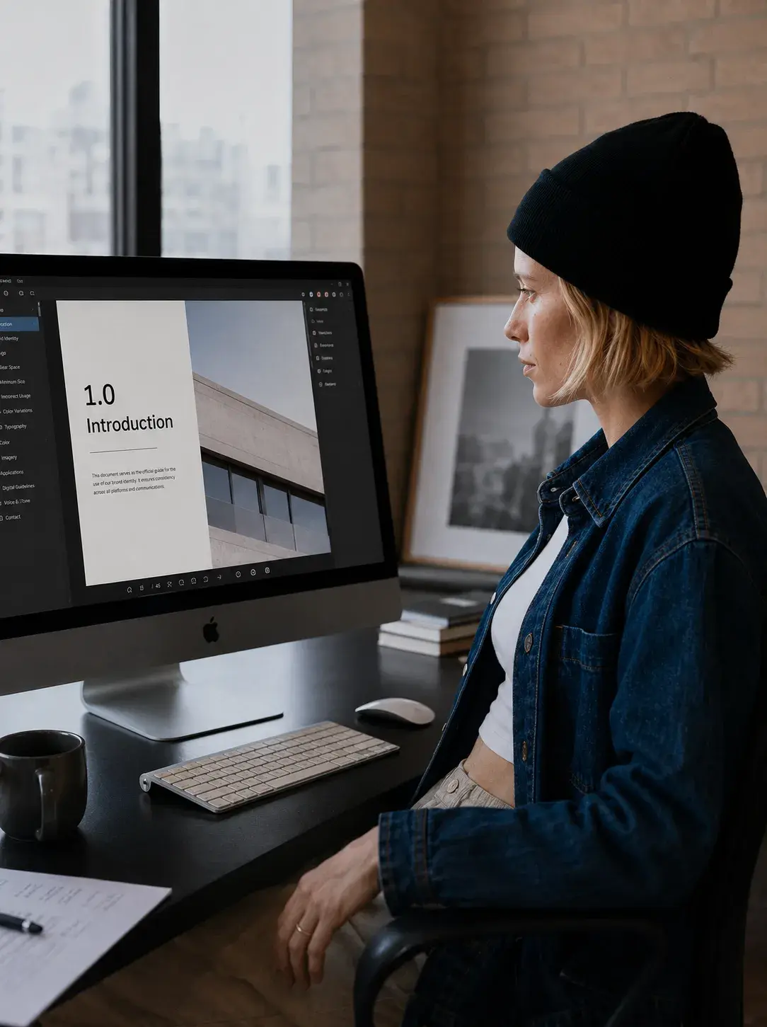 Graphiste de profil sur iMac lisant la section « 1.0 Introduction » des Brand Guidelines avec photo d'architecture béton