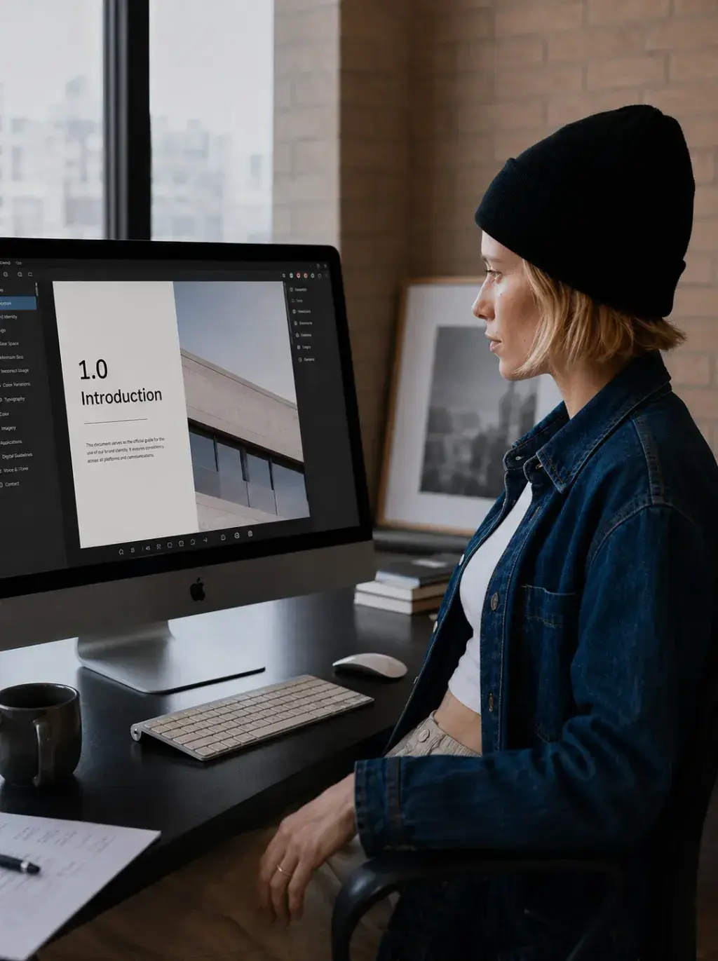 Graphiste de profil sur iMac lisant la section « 1.0 Introduction » des Brand Guidelines avec photo d'architecture béton