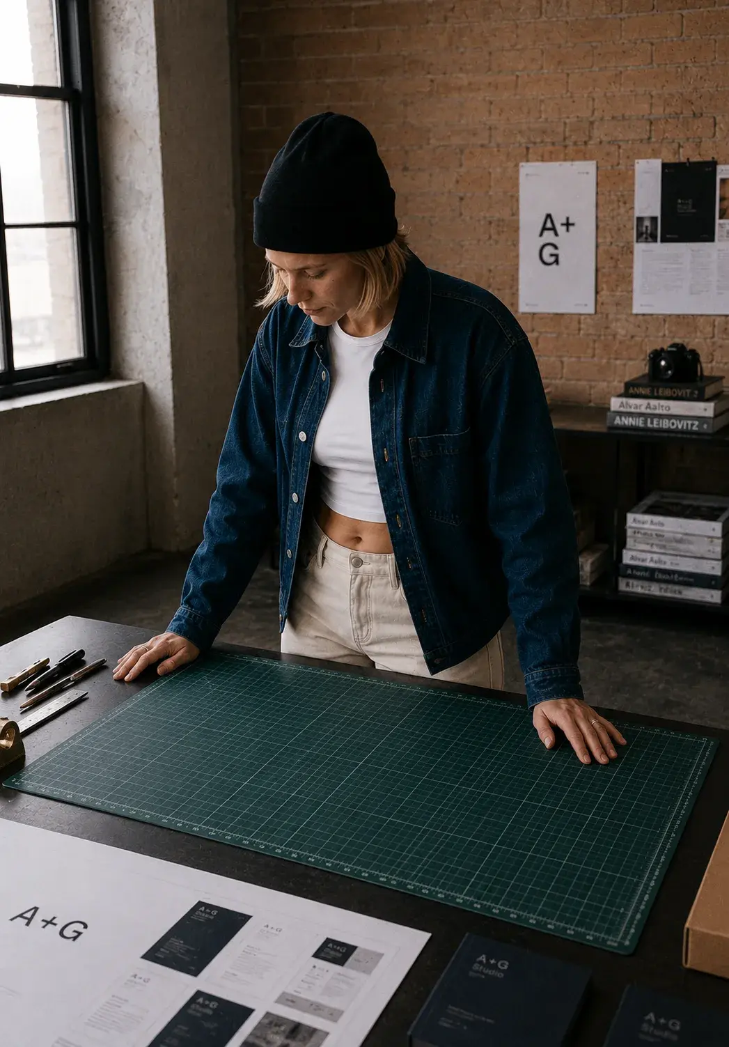 Graphiste debout penchée sur tapis de découpe vert avec documents A+G Studio dans studio brique lumineux