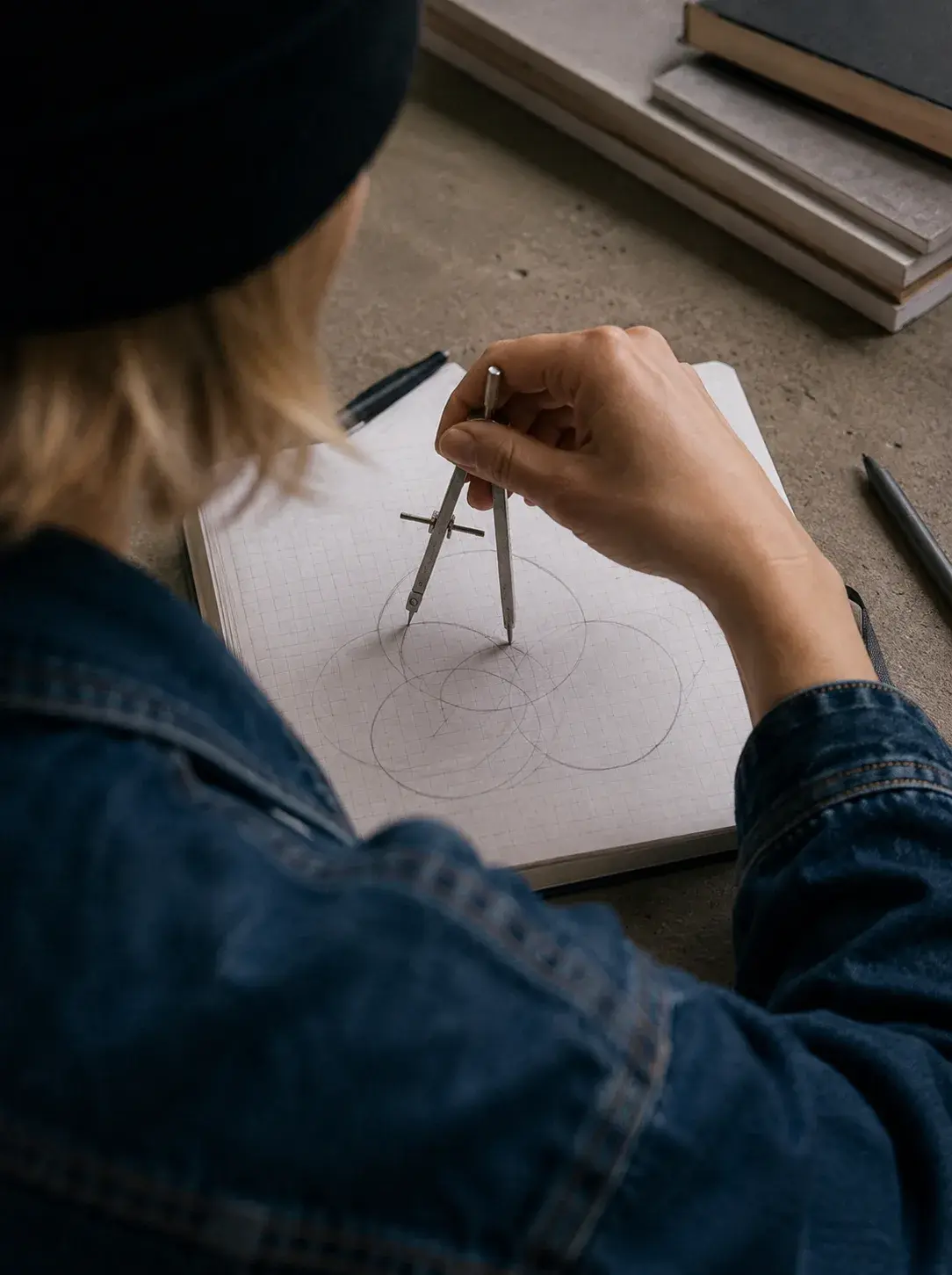 Graphiste – dessin au compas, esquisse de logo, carnet, studio