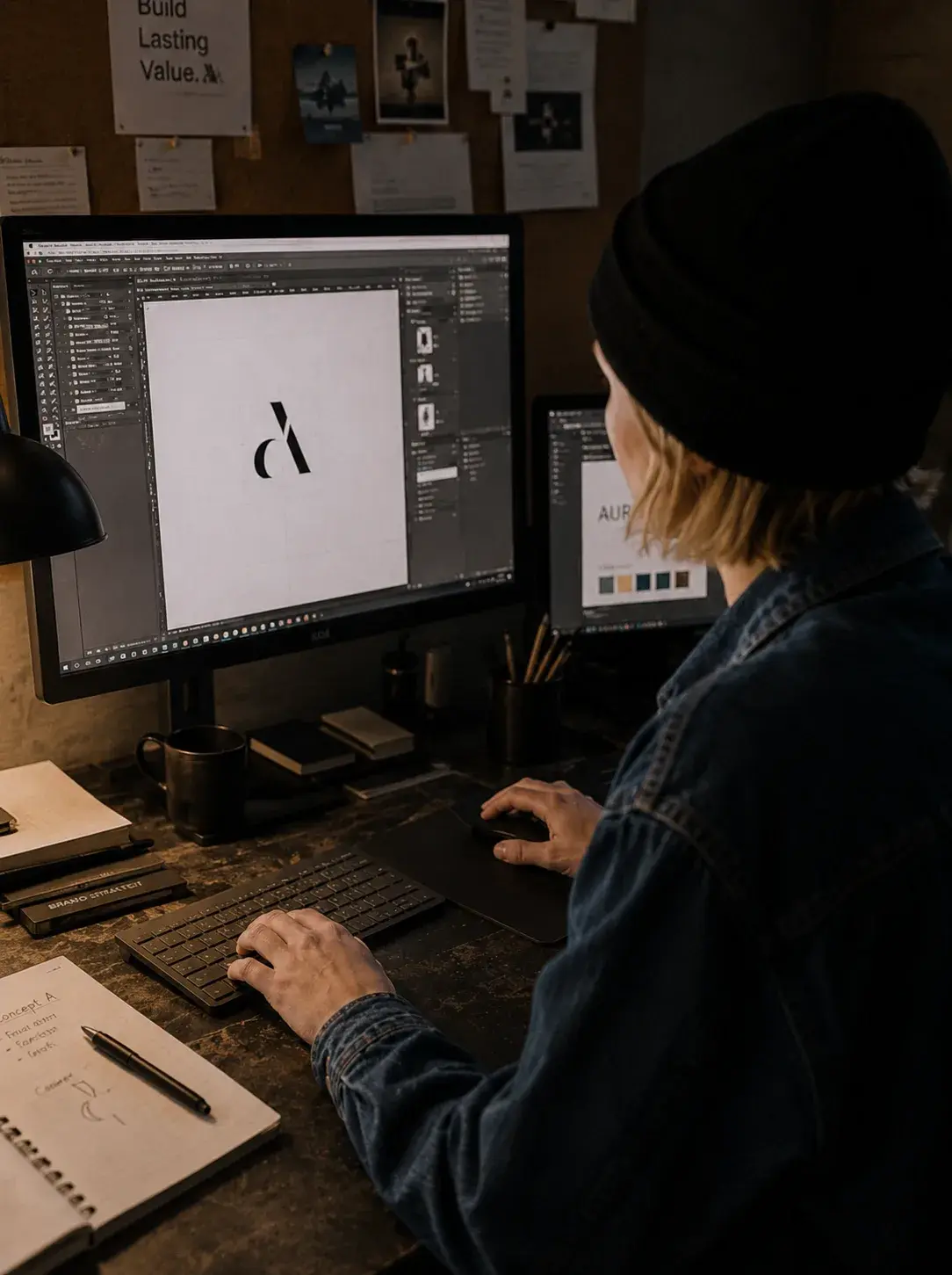 Graphiste double écran – logiciel vectoriel lettre cursive, studio sombre