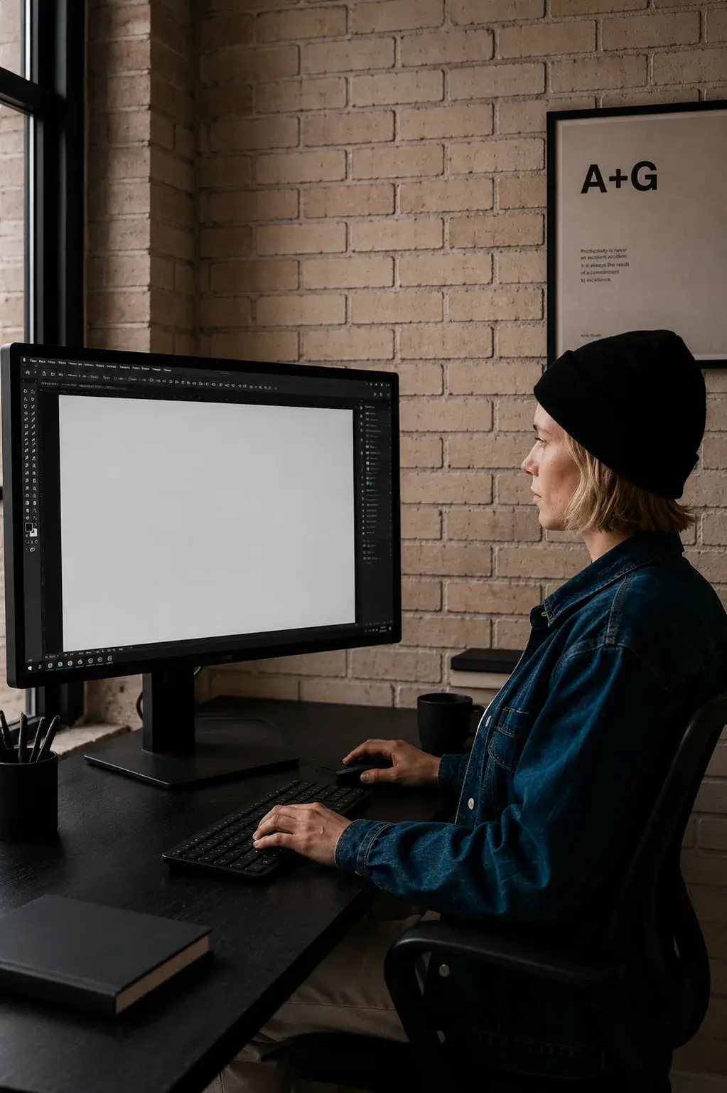 Graphiste grand écran – logiciel retouche, studio brique, affiche