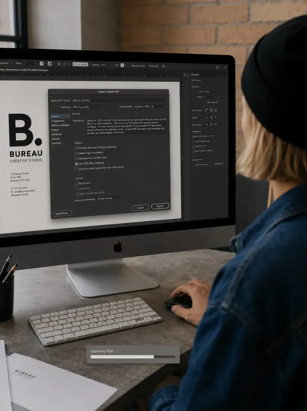 Graphiste ordinateur – logotype client, logiciel retouche, studio béton