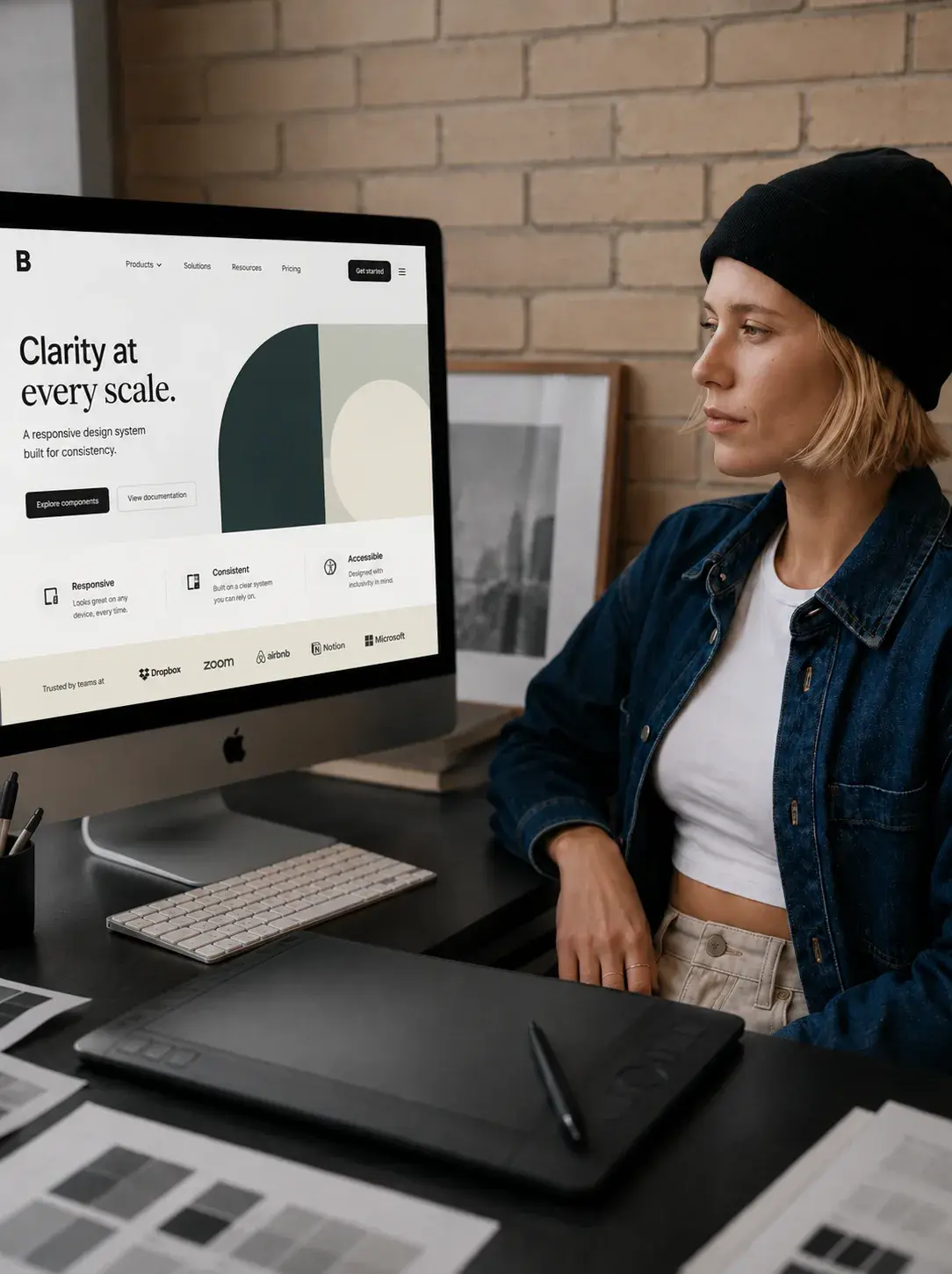 Graphiste ordinateur – site web, tablette graphique, studio brique