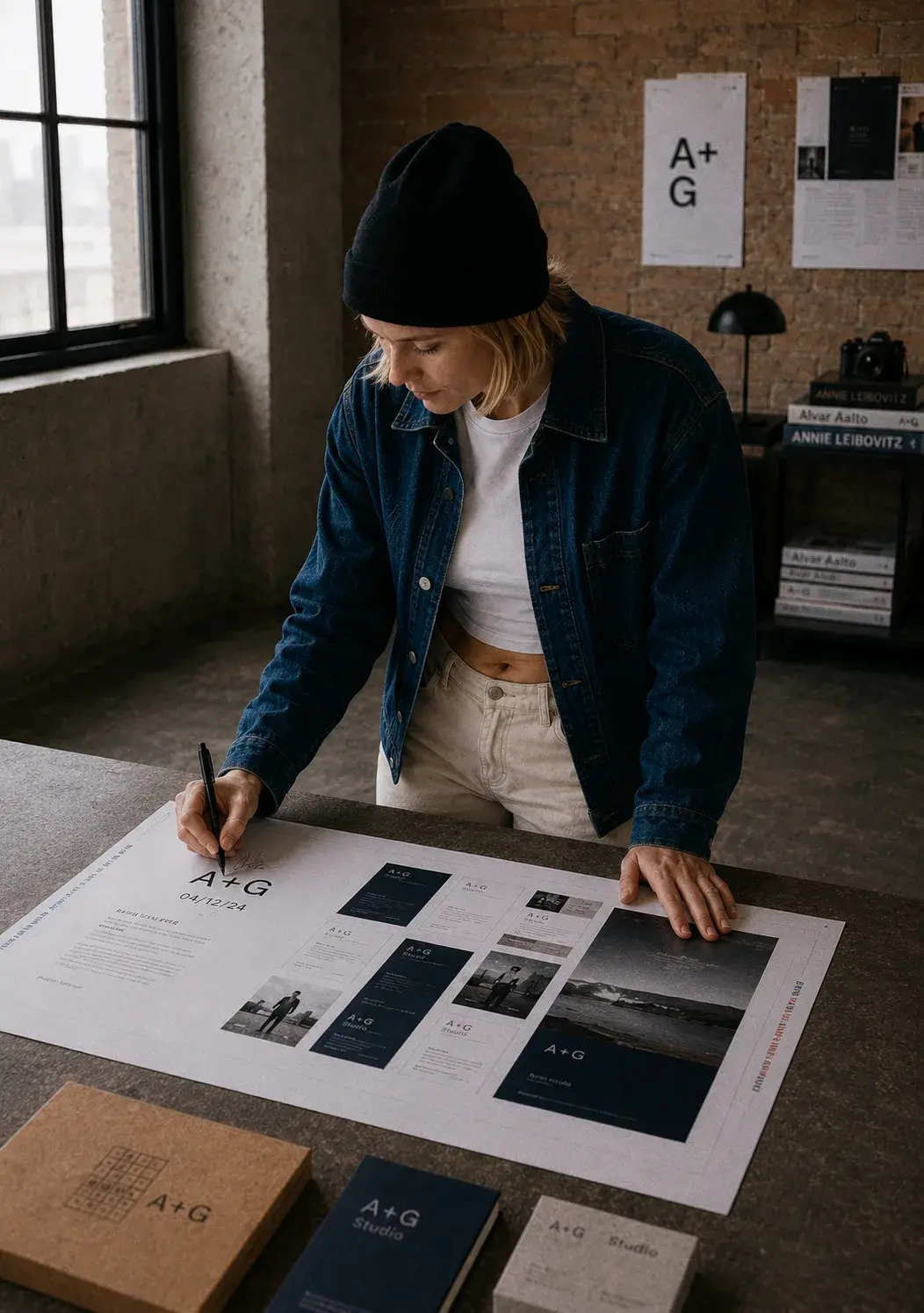 Graphiste penchée annotant au stylo la charte graphique A+G grand format sur table, mur de liège avec références en fond