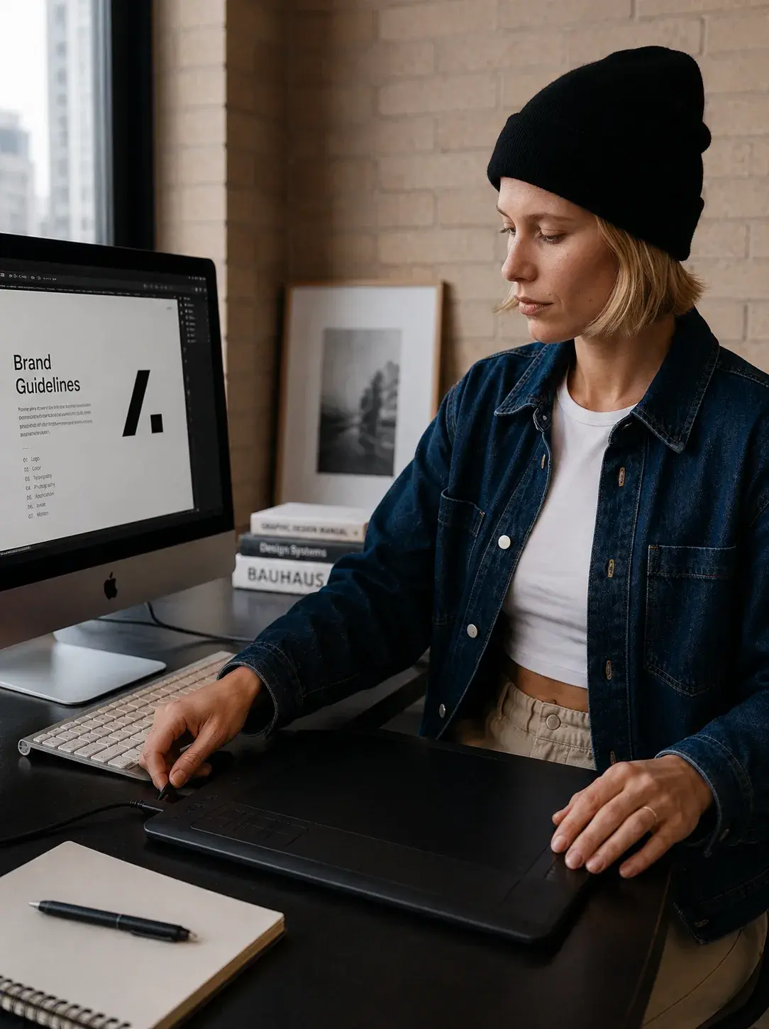 Graphiste sur iMac avec tablette graphique affichant Brand Guidelines avec logo diagonal, livres Bauhaus en fond
