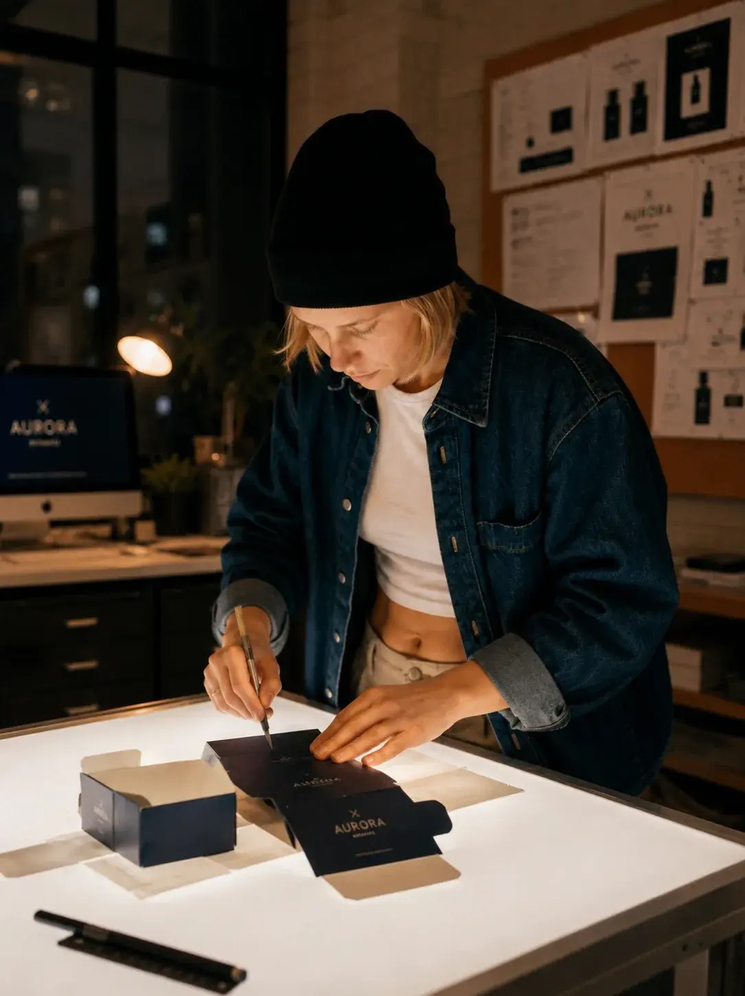 Graphiste table lumineuse – emballage marine, studio sombre