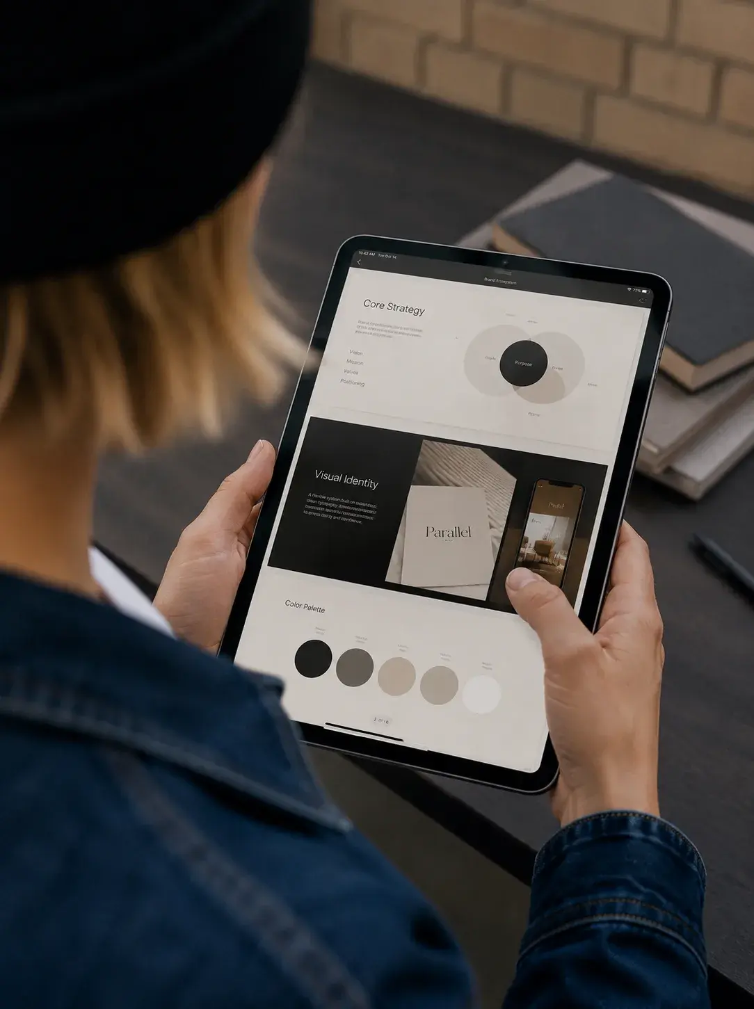 Graphiste tablette – présentation stratégie visuelle, vue de dos