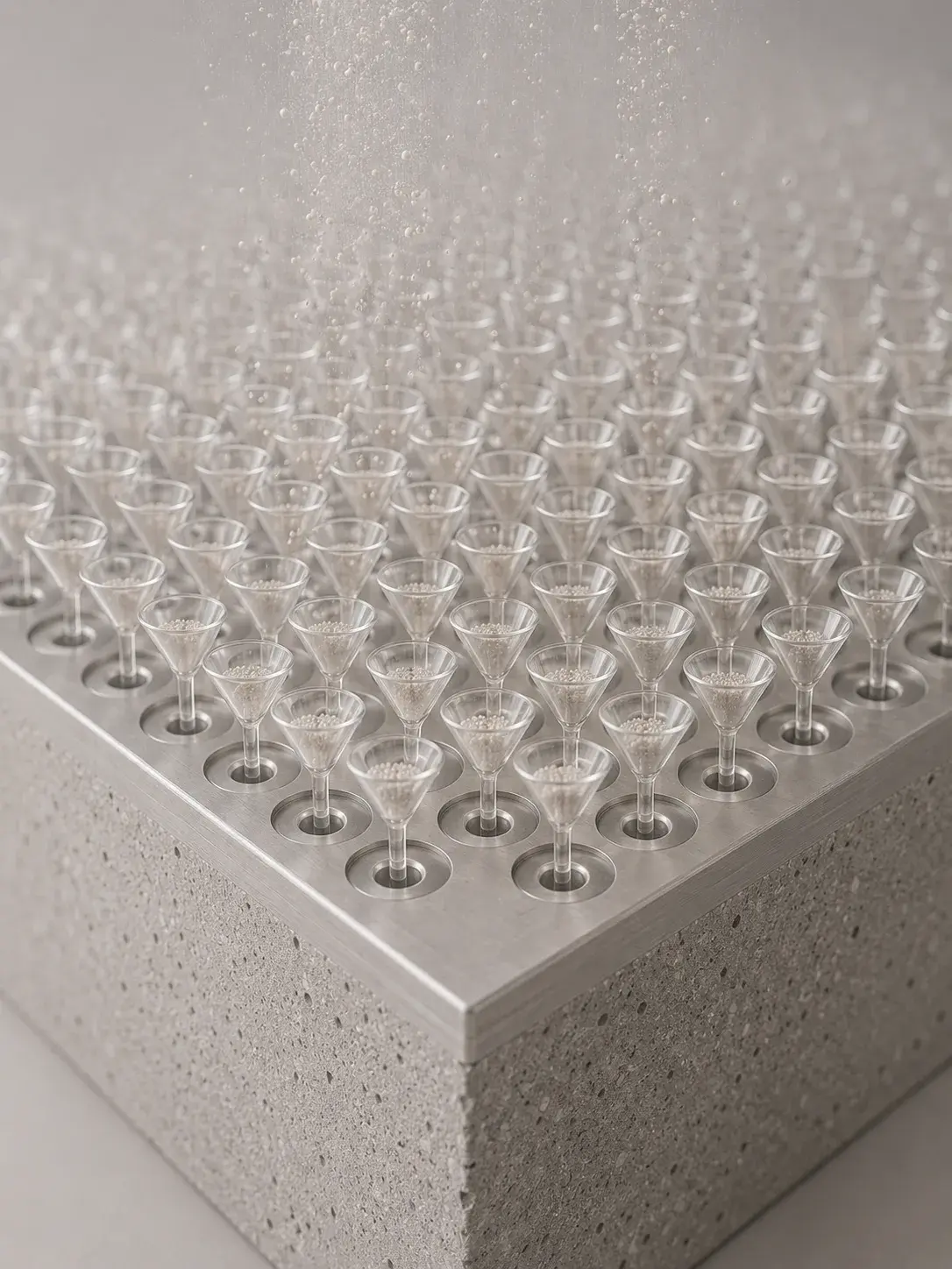 Grille de coupes en verre miniatures sur socle béton recevant une pluie de micro-perles