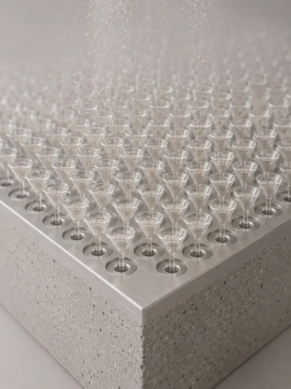 Grille de coupes en verre miniatures sur socle béton recevant une pluie de micro-perles