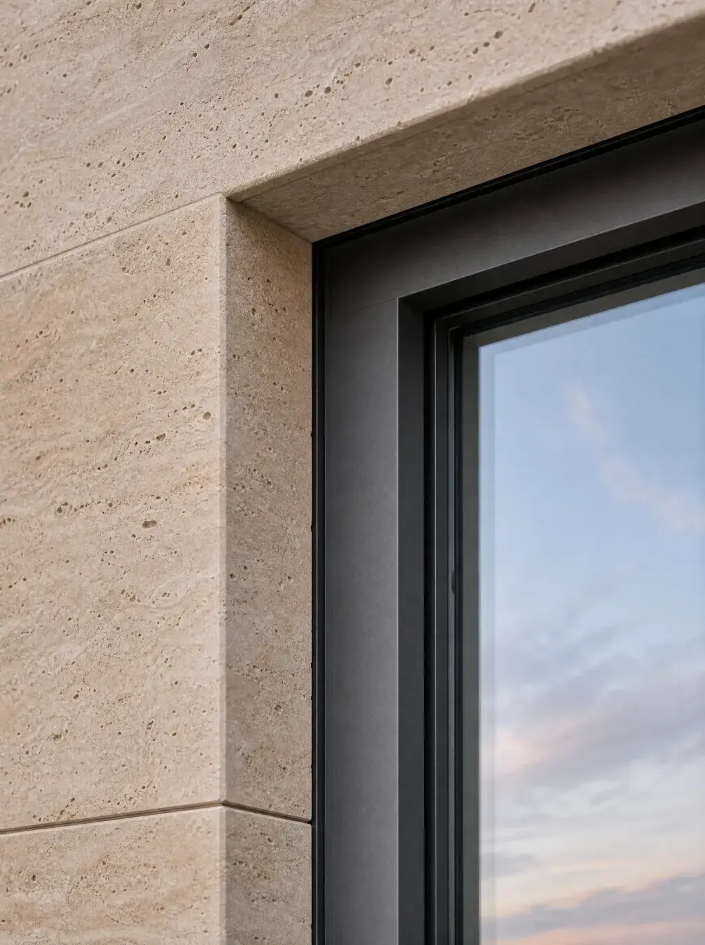 Gros plan architectural — façade en travertin et encadrement de baie vitrée en métal noir au crépuscule