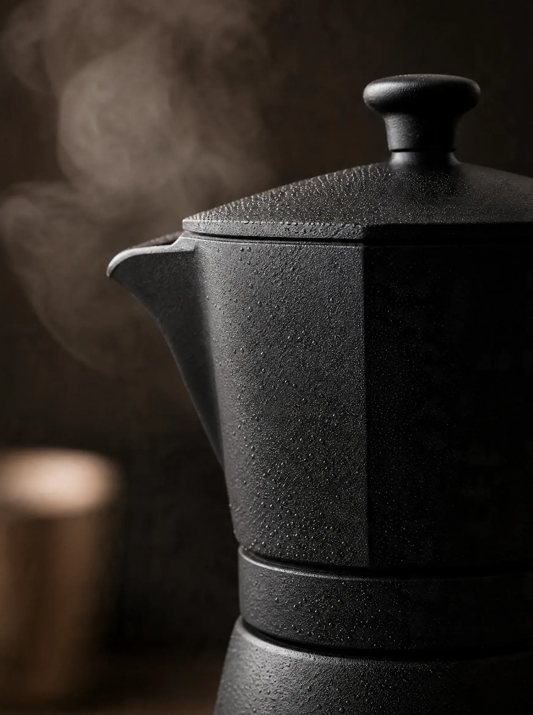 Gros plan cafetière moka noire vapeur – texture granuleuse, fond sombre, haut de cafetière