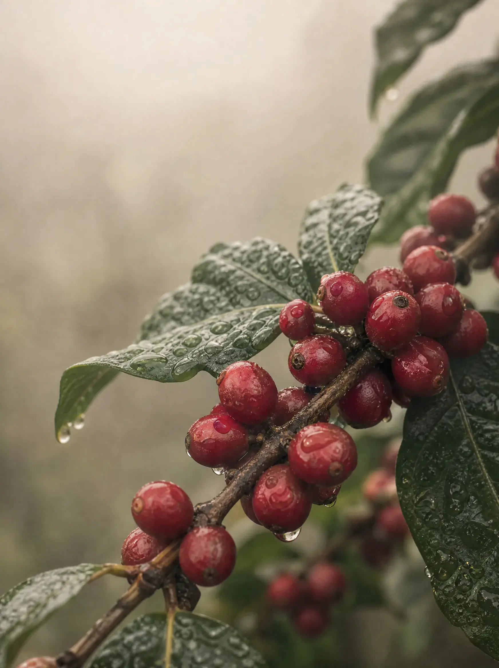 Gros plan cerises de café rouges mouillées sur branche – gouttes eau, feuilles vertes, brume