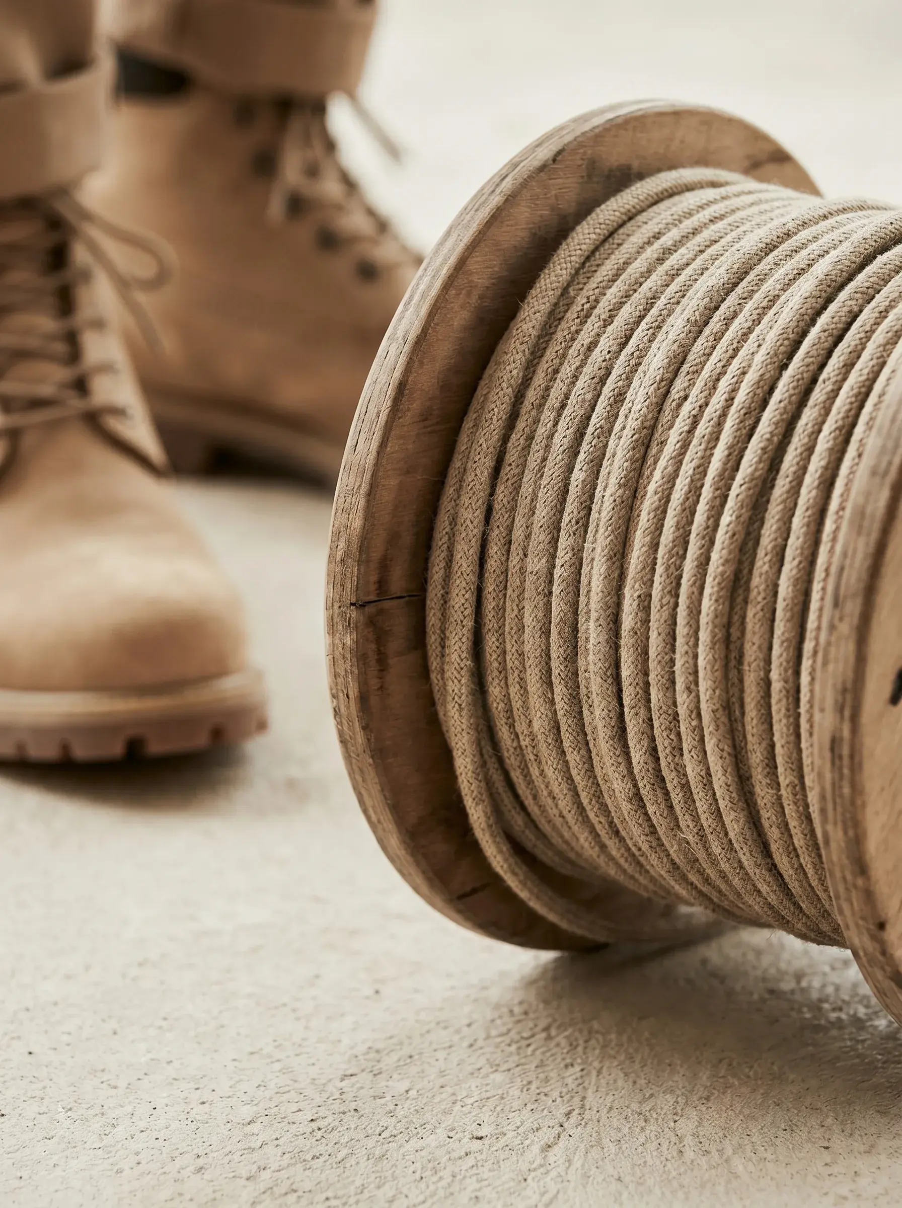Gros plan d'une bobine de câble textile beige sur un touret en bois à côté de bottines en cuir