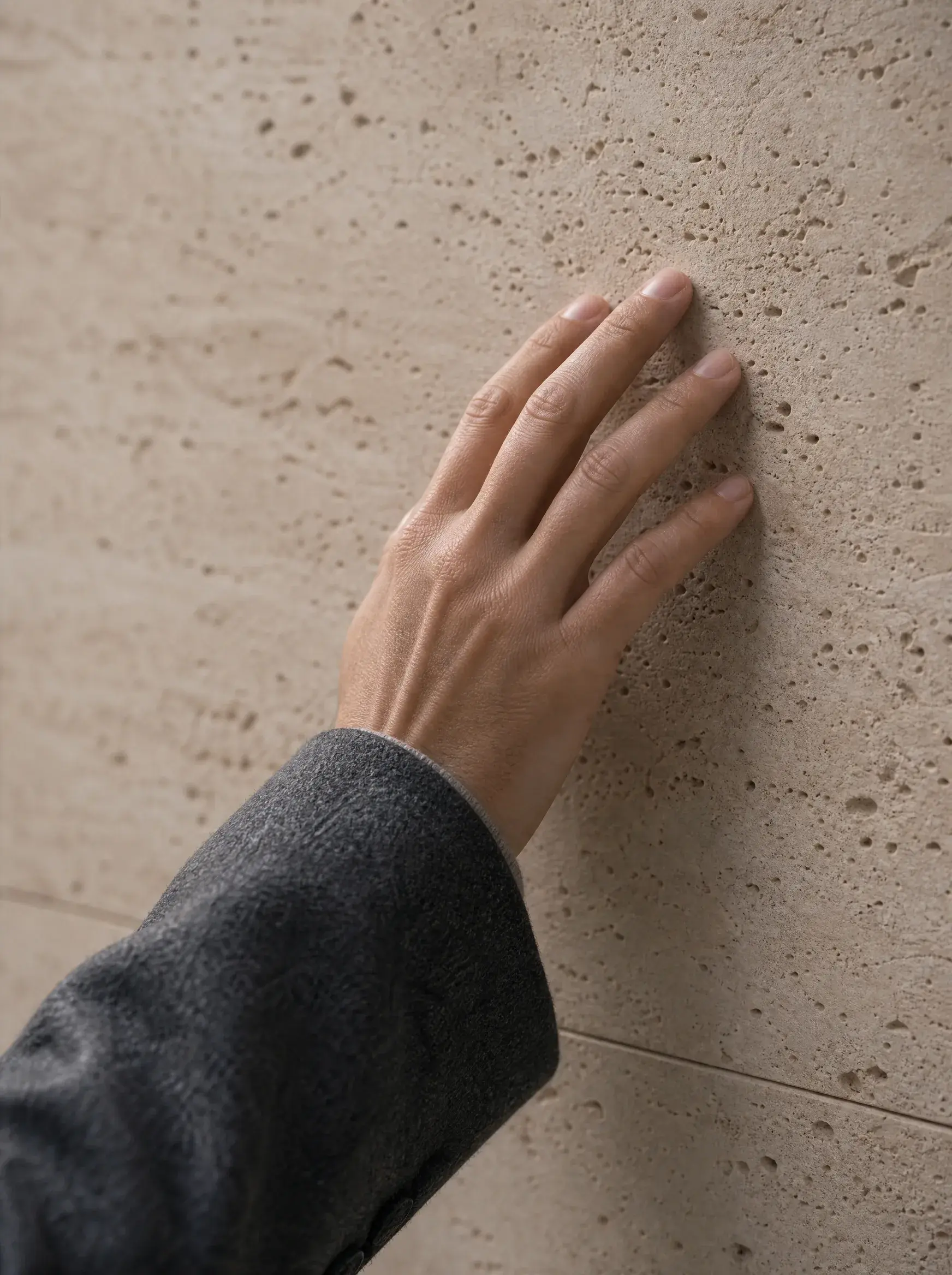 Gros plan d'une main effleurant la surface texturée d'une dalle de travertin beige