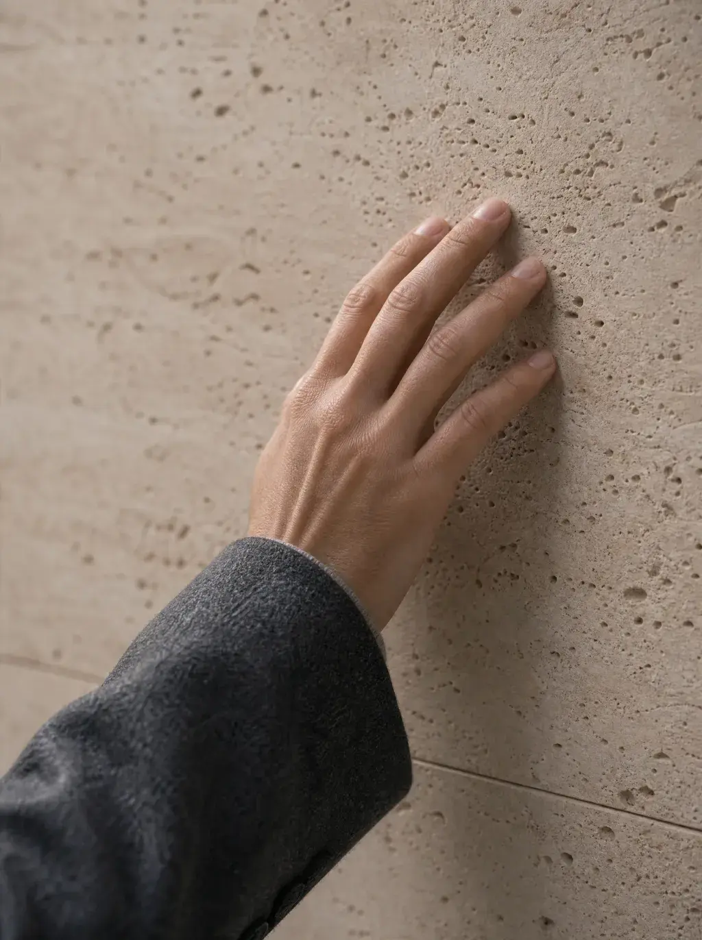 Gros plan d'une main effleurant la surface texturée d'une dalle de travertin beige