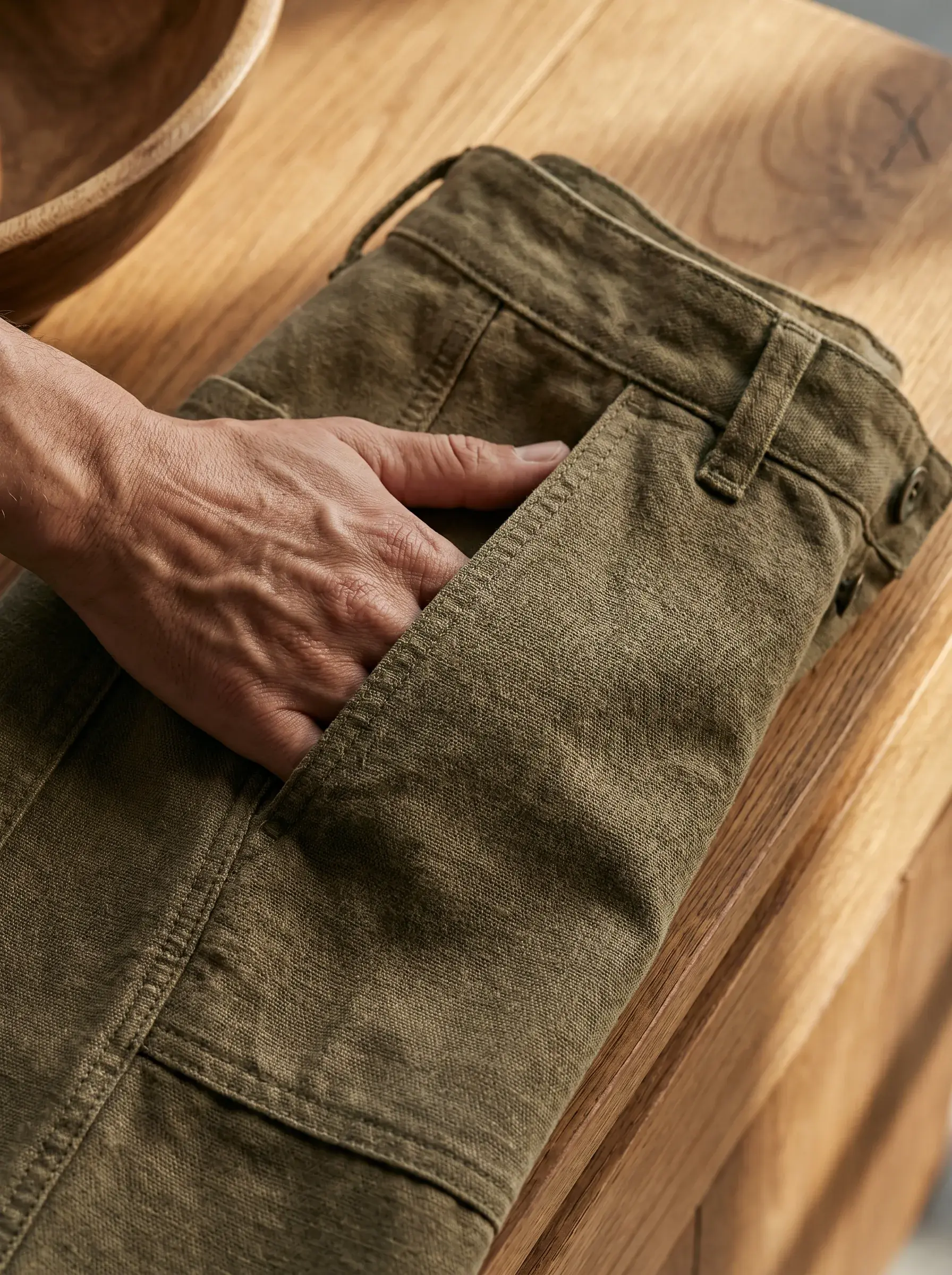 Gros plan d'une main touchant la poche d'un pantalon cargo kaki sur surface en bois
