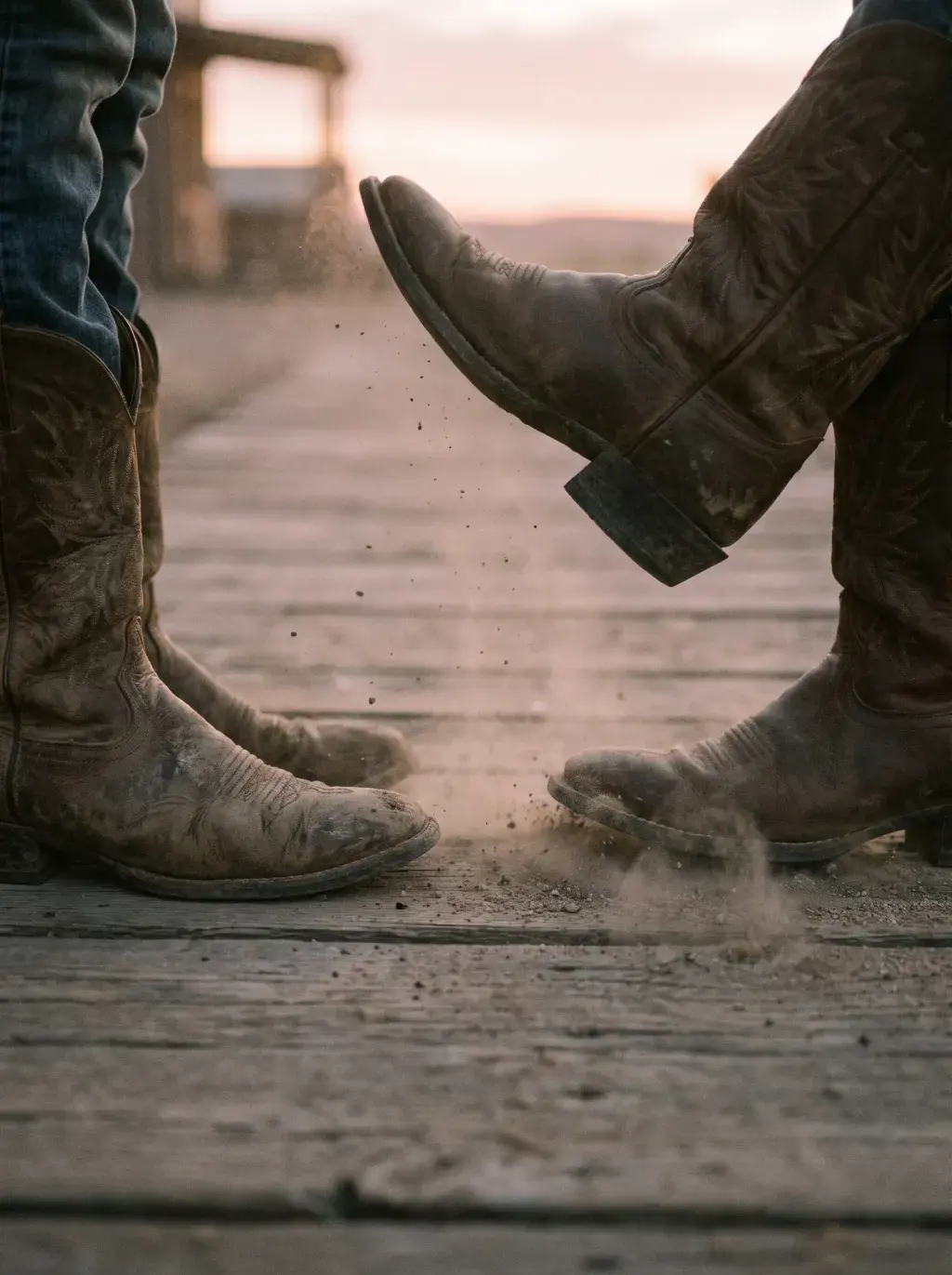Gros plan de deux paires de bottes de cowboy face à face sur des planches avec sable et coucher de soleil