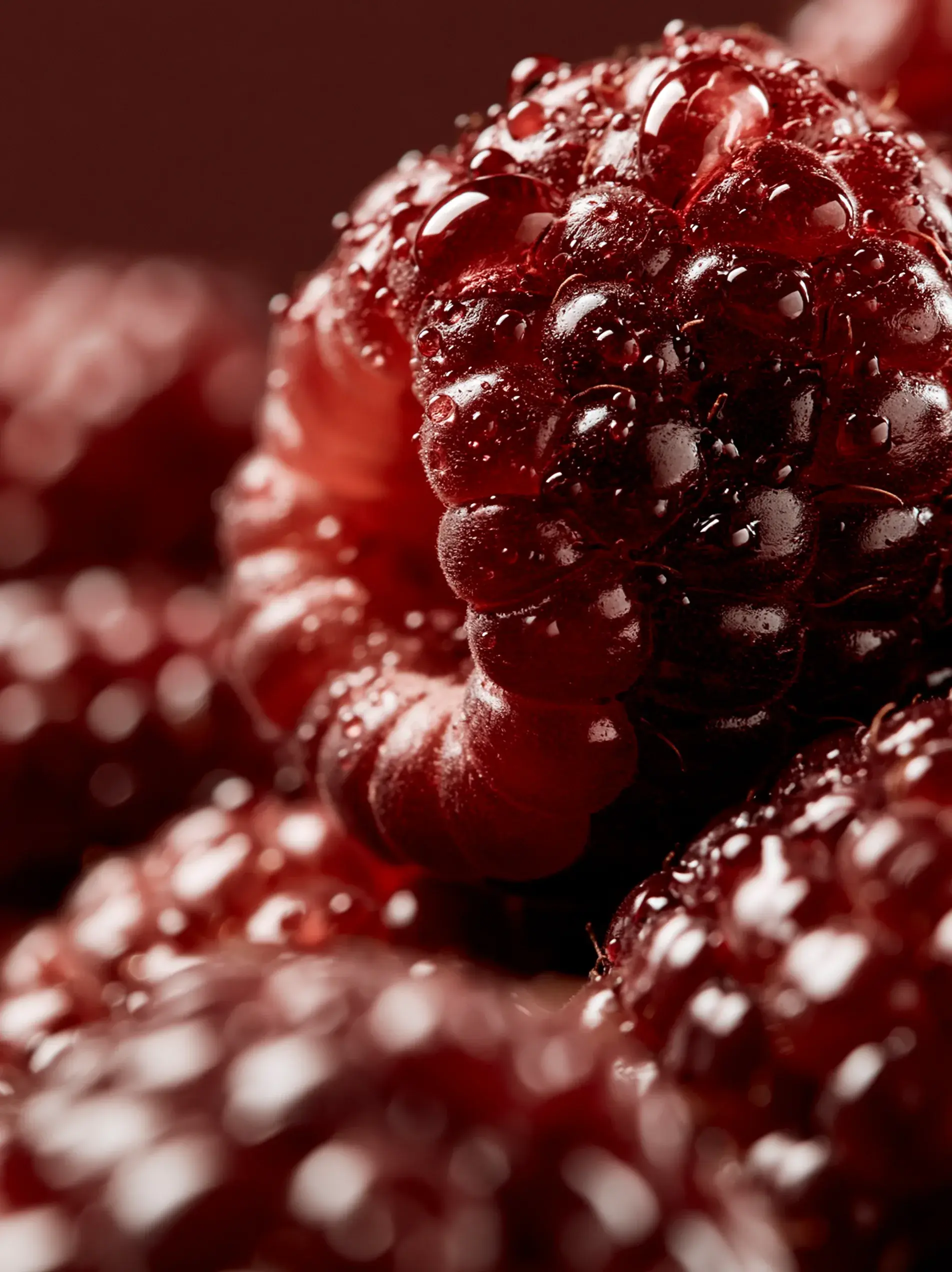 Gros plan de framboises fraîches avec gouttes d'eau sur fond sombre