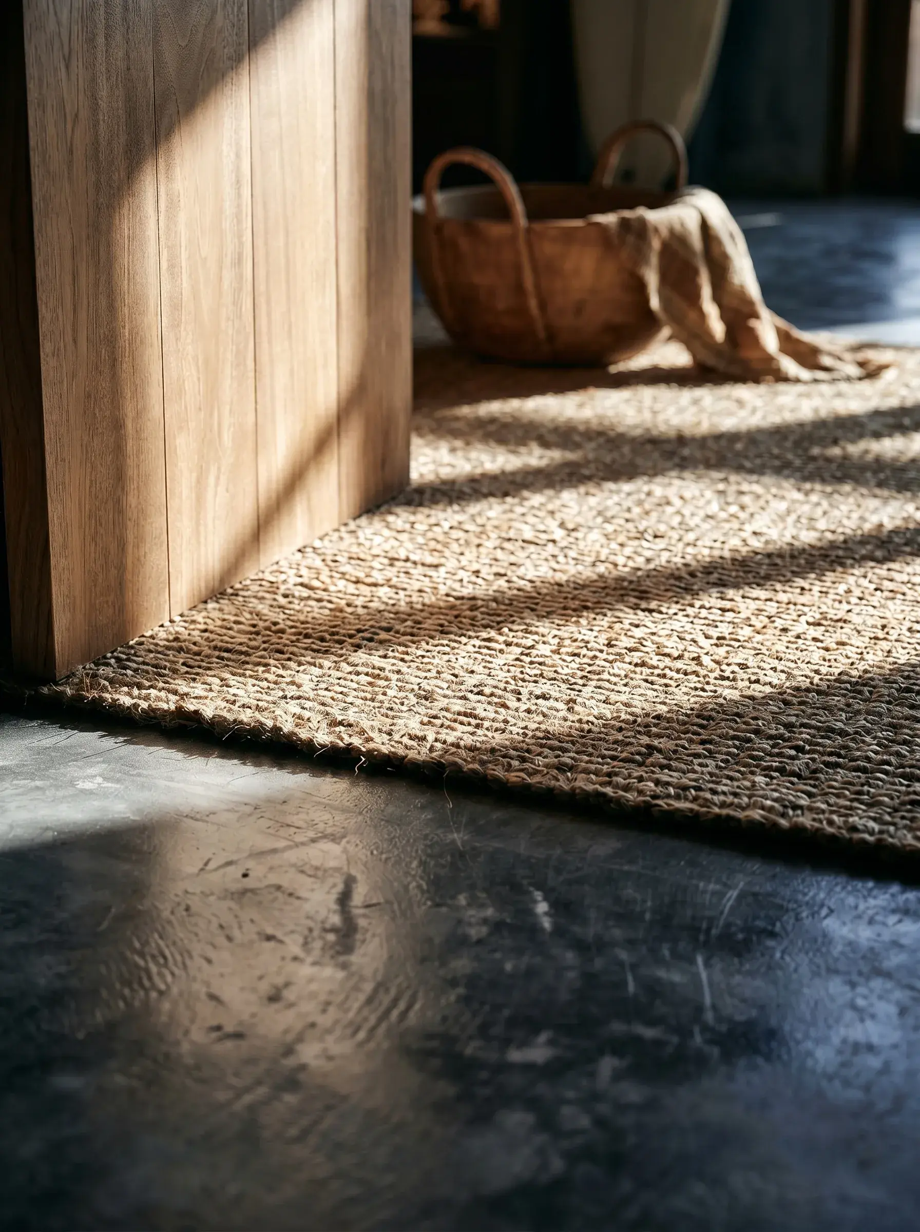 Gros plan de tapis en jute avec rayons de soleil et porte en bois