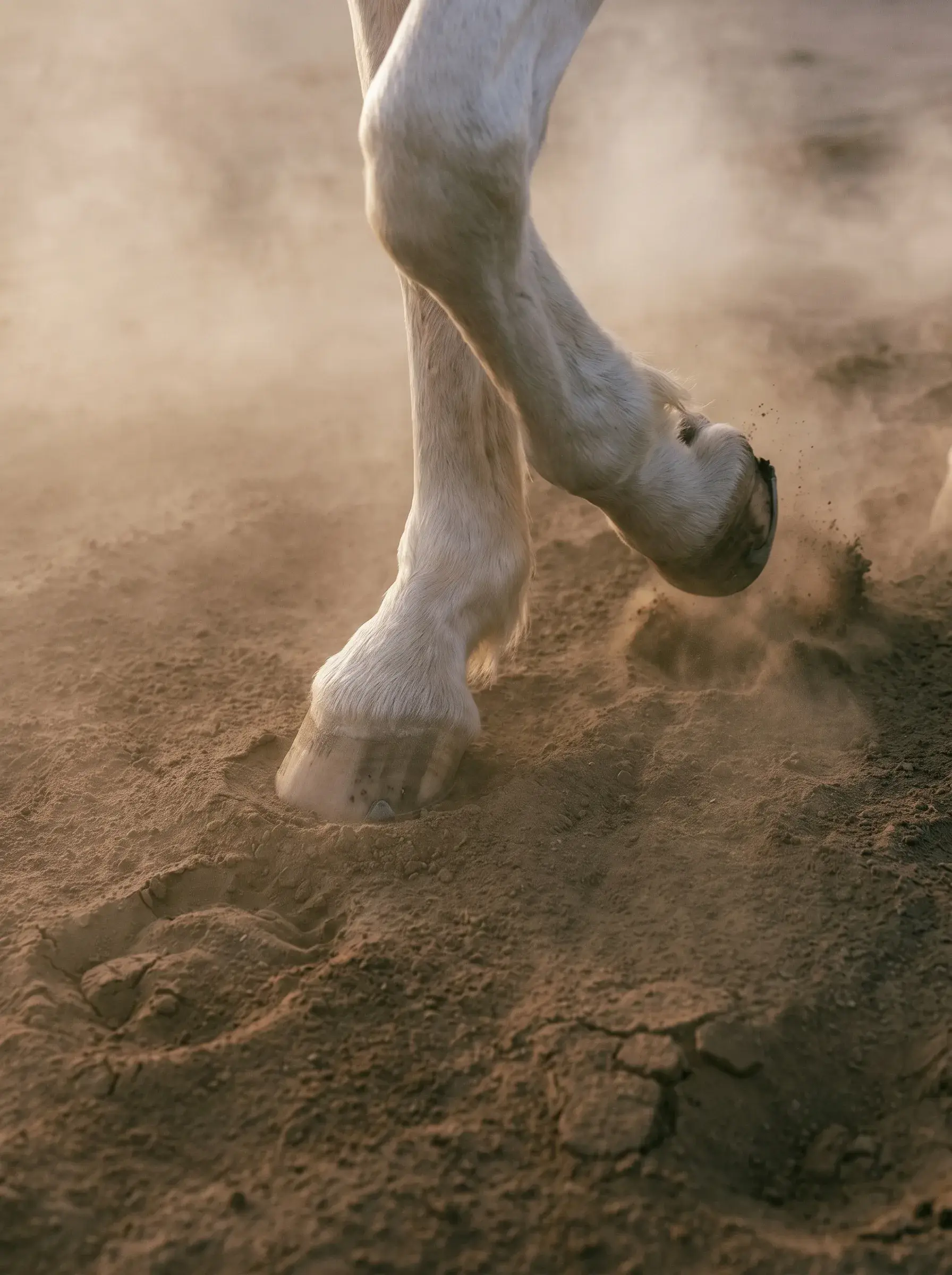 Gros plan des sabots d'un cheval blanc galopant dans la poussière rouge-brune