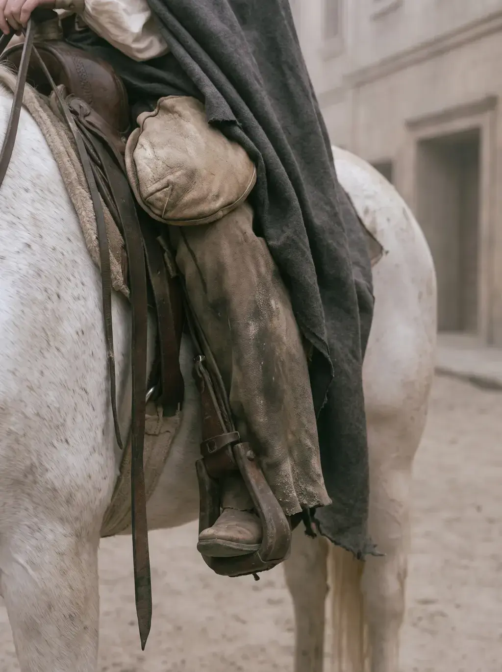 Gros plan du flanc d'un cheval blanc avec sacoche en cuir et pan de cape sombre dans une ville western