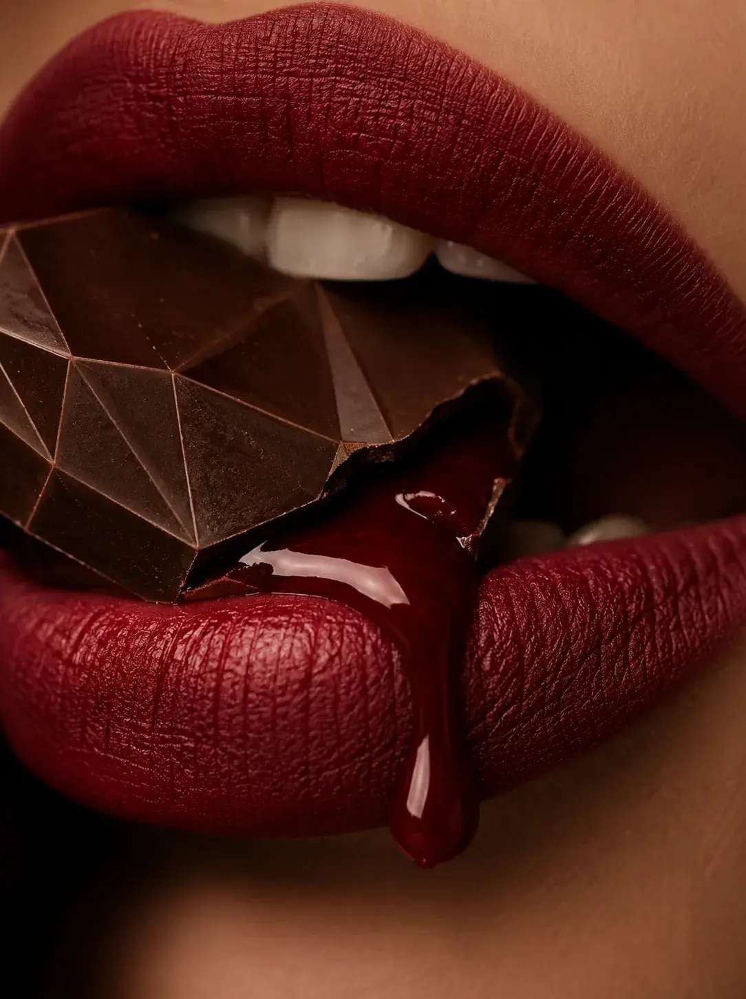 Gros plan extrême sur lèvres bordeaux mordant un chocolat facetté géométrique fondu, chocolat liquide coulant