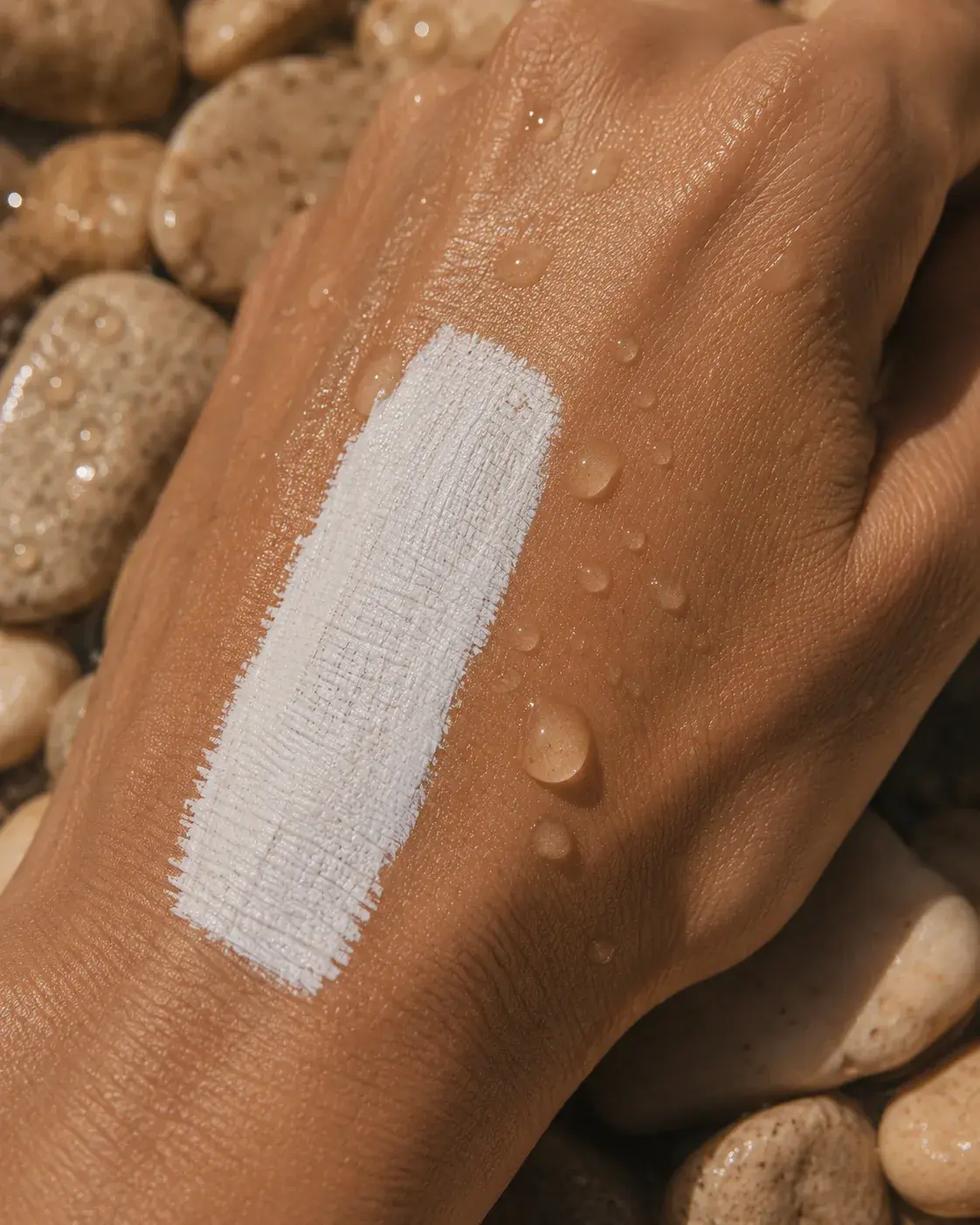 Gros plan main peau noire mouillée avec crème blanche – gouttelettes, galets, résistance à l'eau