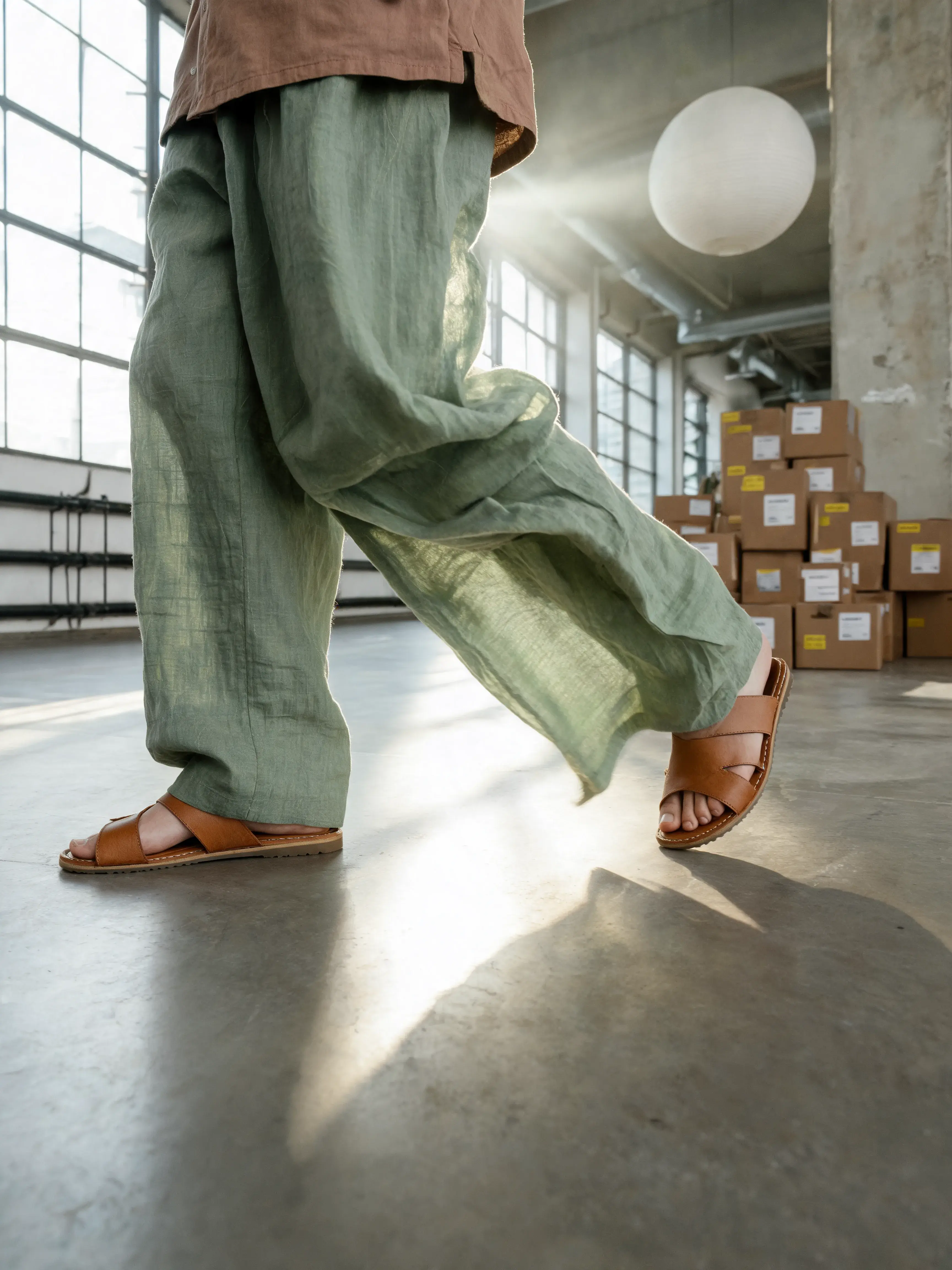 Gros plan pantalon lin vert avec sandales cuir