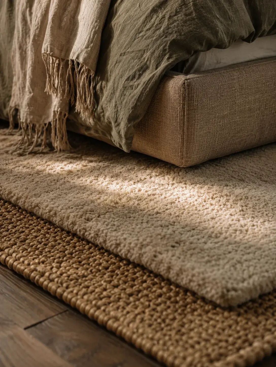 Gros plan sur coin de lit en lin texturé beige avec coussin en velours vert foncé, lumière rasante