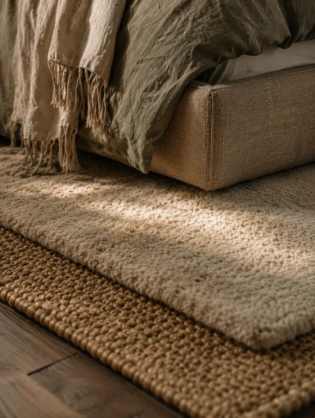 Gros plan sur coin de lit en lin texturé beige avec coussin en velours vert foncé, lumière rasante