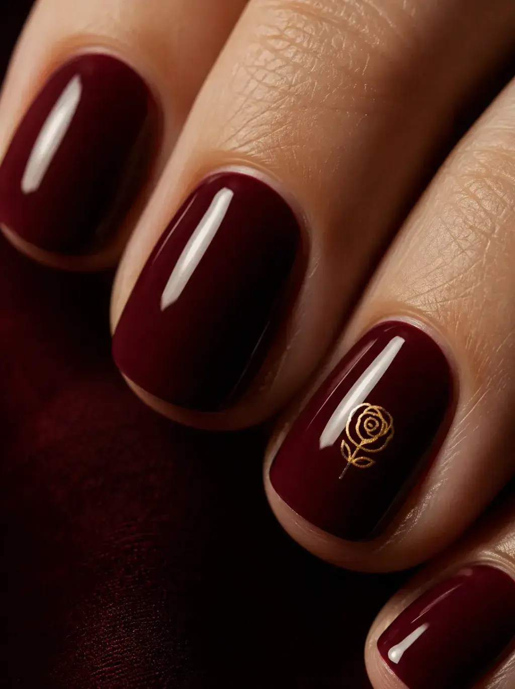 Gros plan sur ongles courts laqués bordeaux profond avec motif rose dorée gravé sur l'index, peau douce