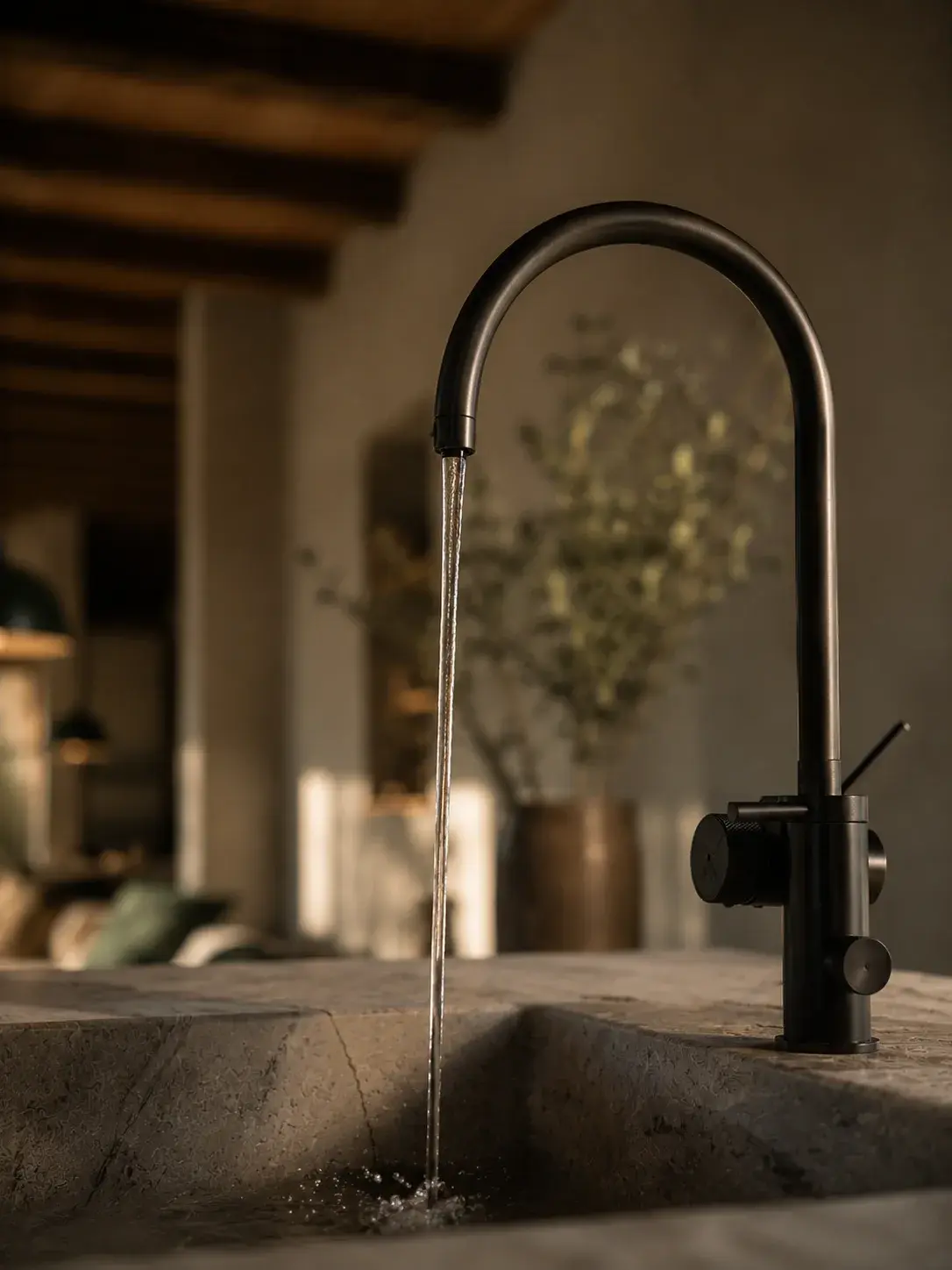 Gros plan sur robinet arc noir mat et jet d'eau sur évier en pierre travertin naturel, cuisine slow living