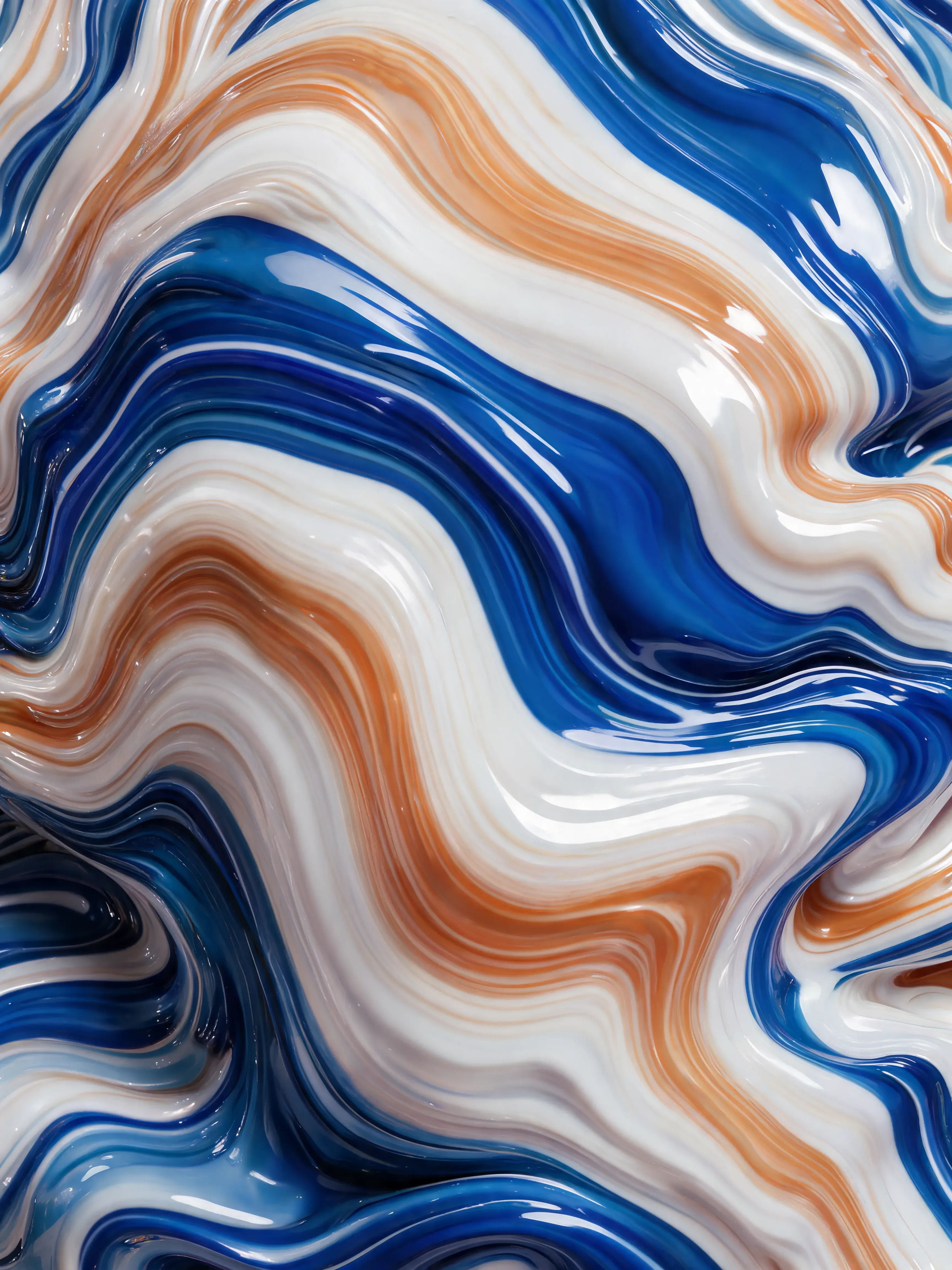 Gros plan texture marbré ondulée – rayures bleu roi, blanc et terracotta, brillant, abstrait