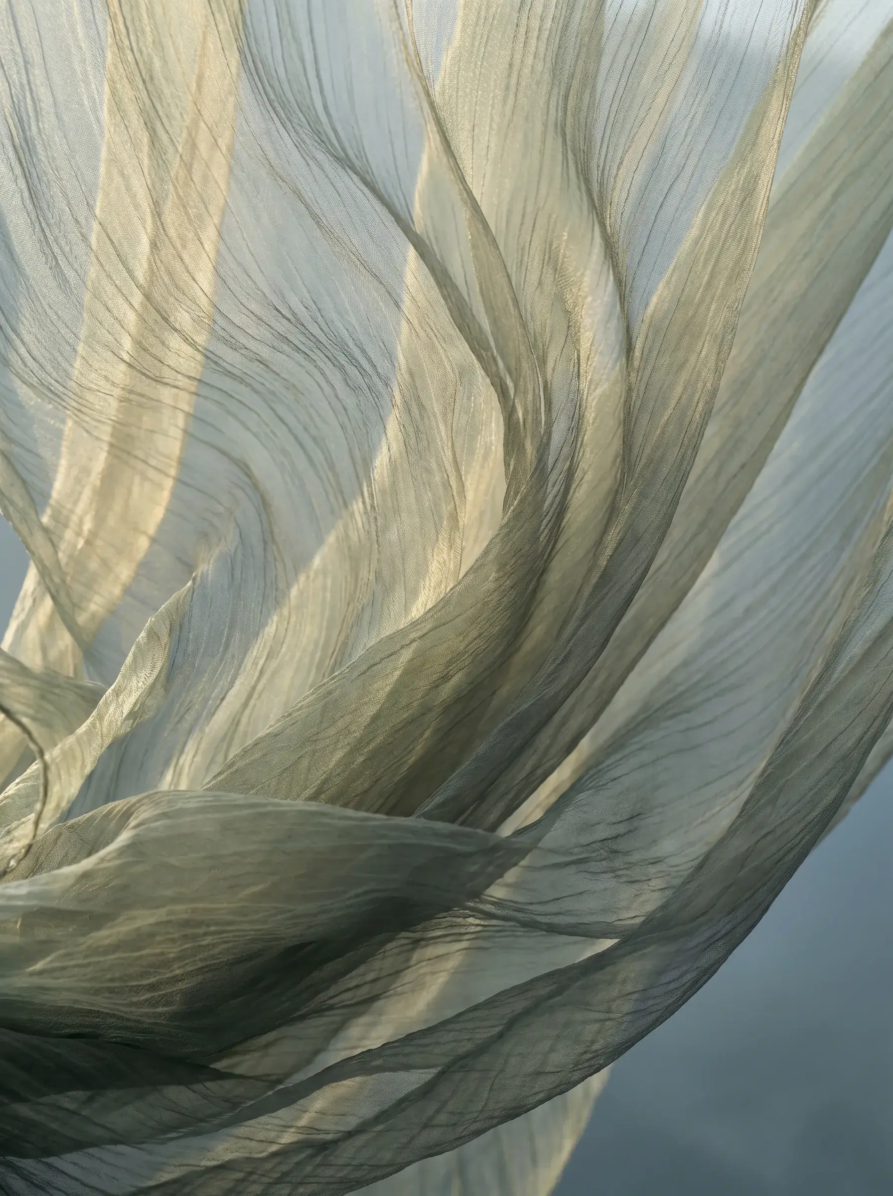 Gros plan texture voile gaze vert-doré froissé – vagues de tissu translucide, lumière rasante