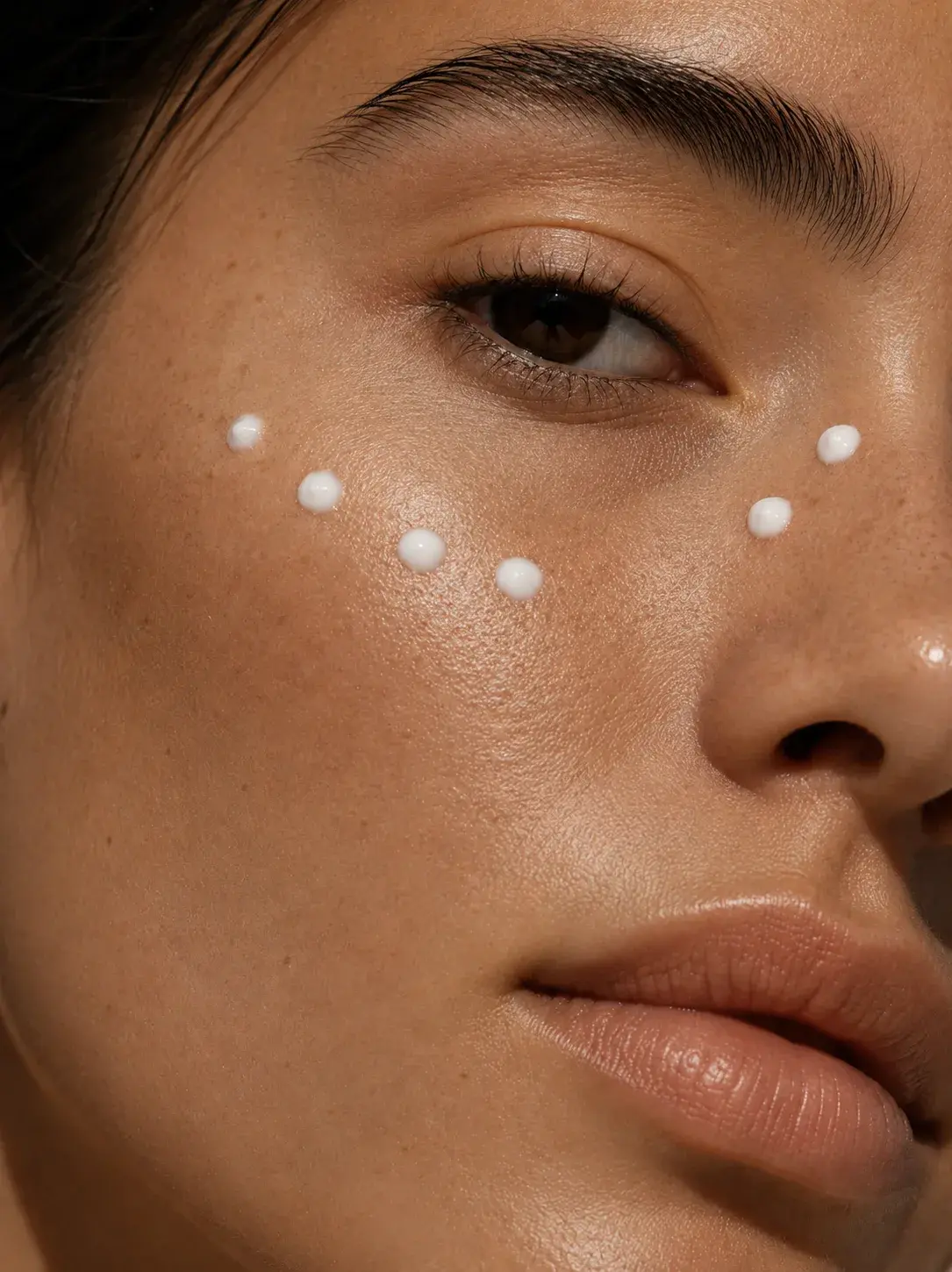 Gros plan visage femme – petites perles de crème sous l'œil, peau bronzée lumineuse, soin contour