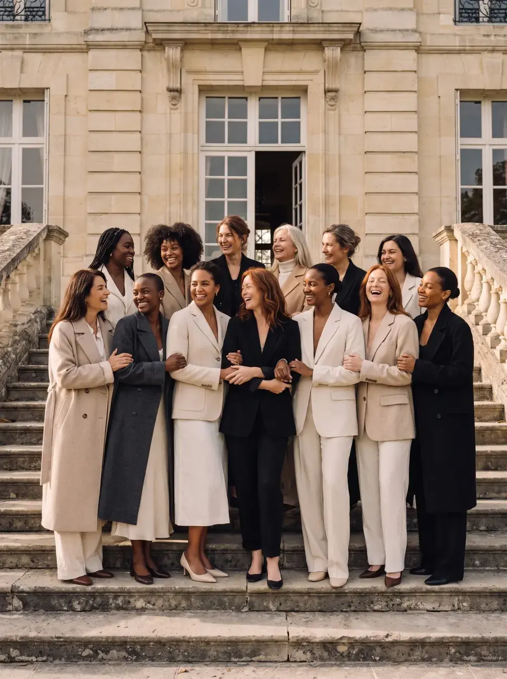 Groupe de douze femmes professionnelles diverses sur les marches d'un château parisien