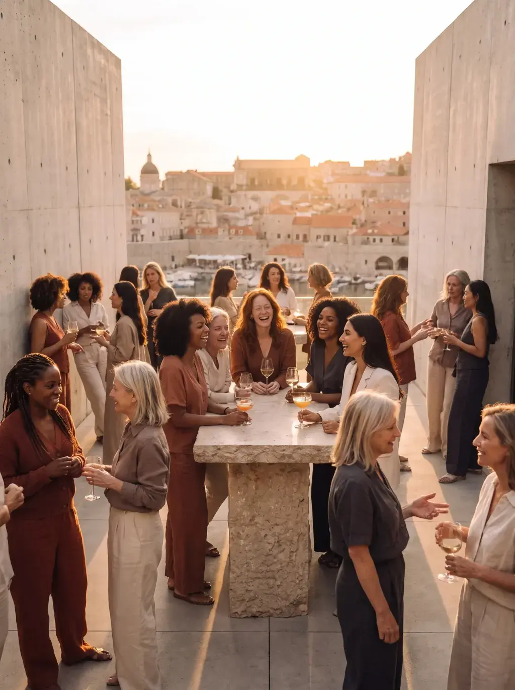 Groupe de femmes en soirée networking sur une terrasse avec vue sur ville méditerranéenne