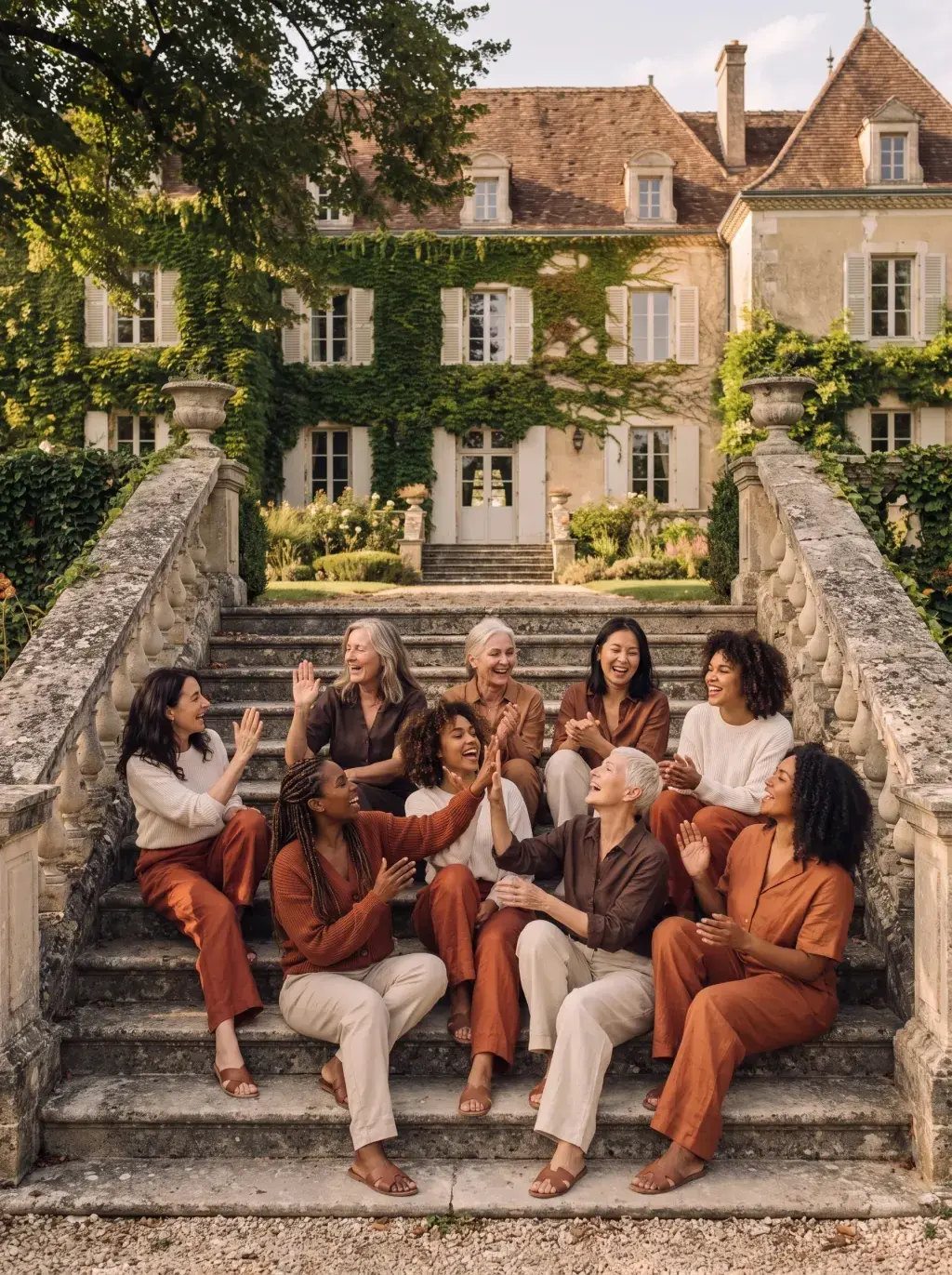 Groupe de femmes en tenues terracotta assises sur les marches d'un château provençal