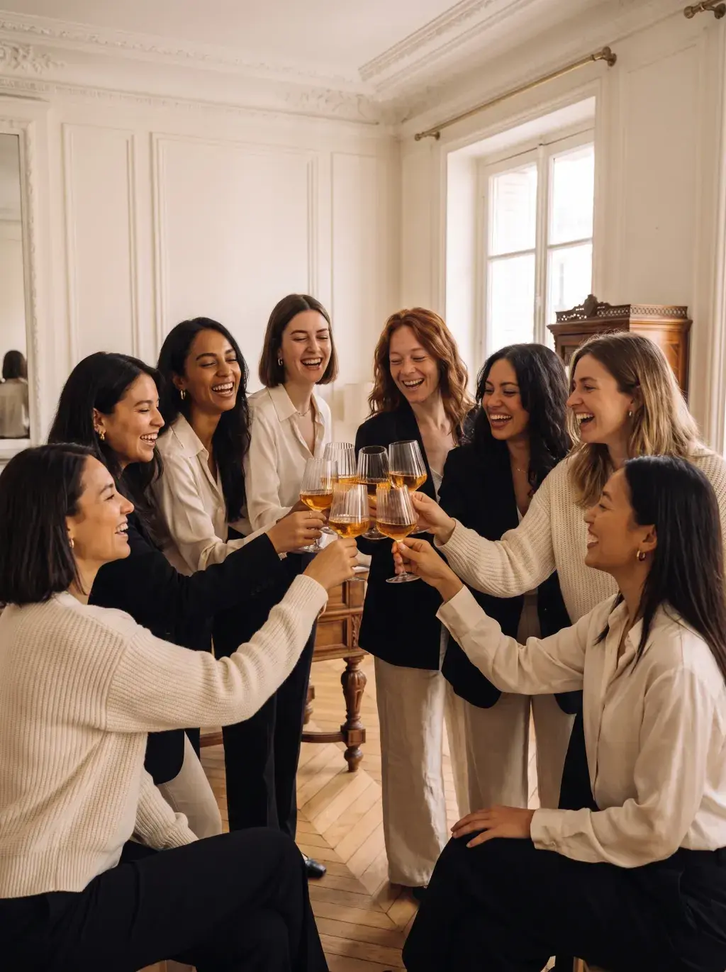 Groupe de femmes riant et trinquant dans un salon haussmannien au parquet et aux moulures
