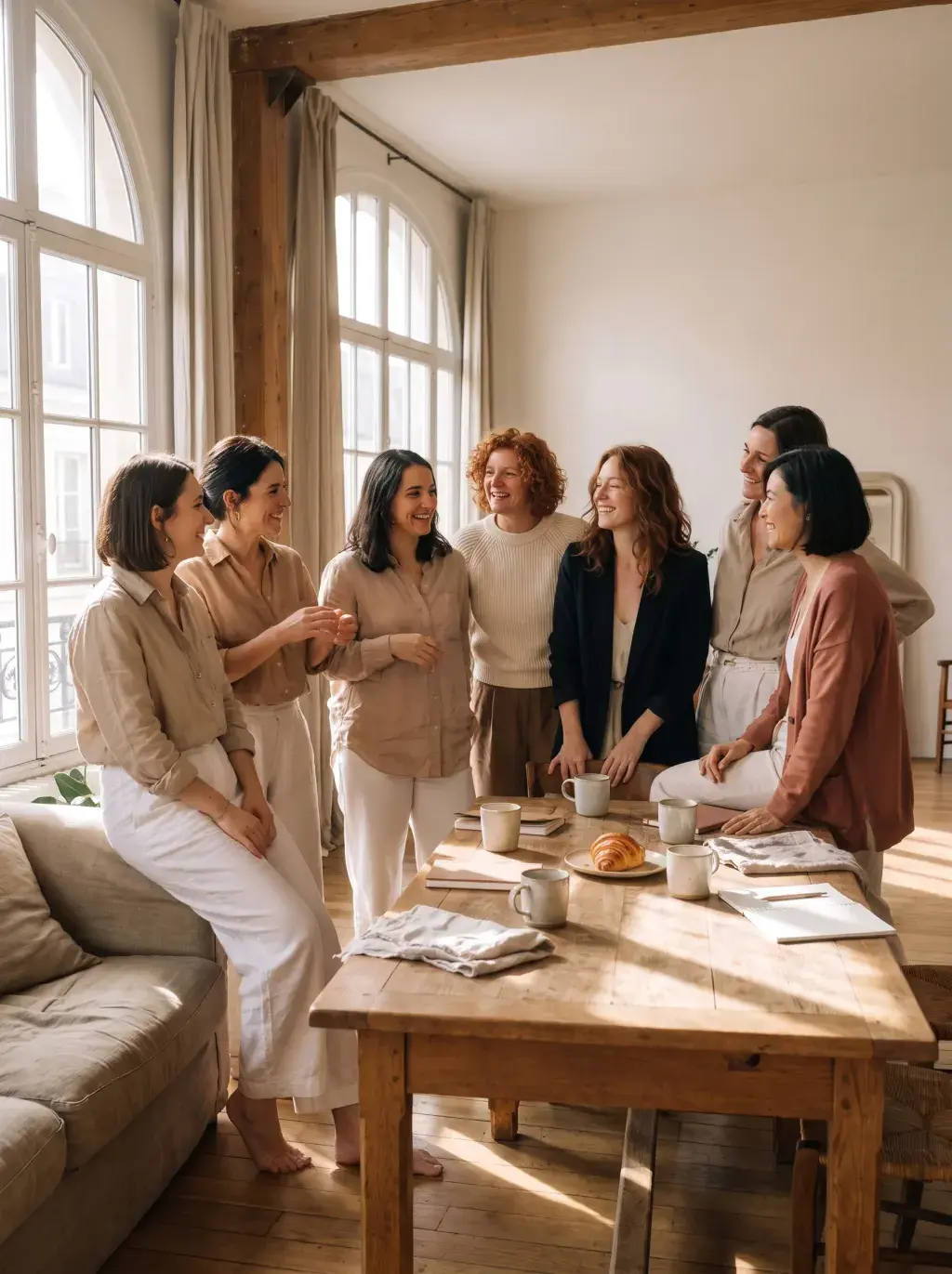 Groupe de sept femmes réunies pour un brunch dans un loft parisien