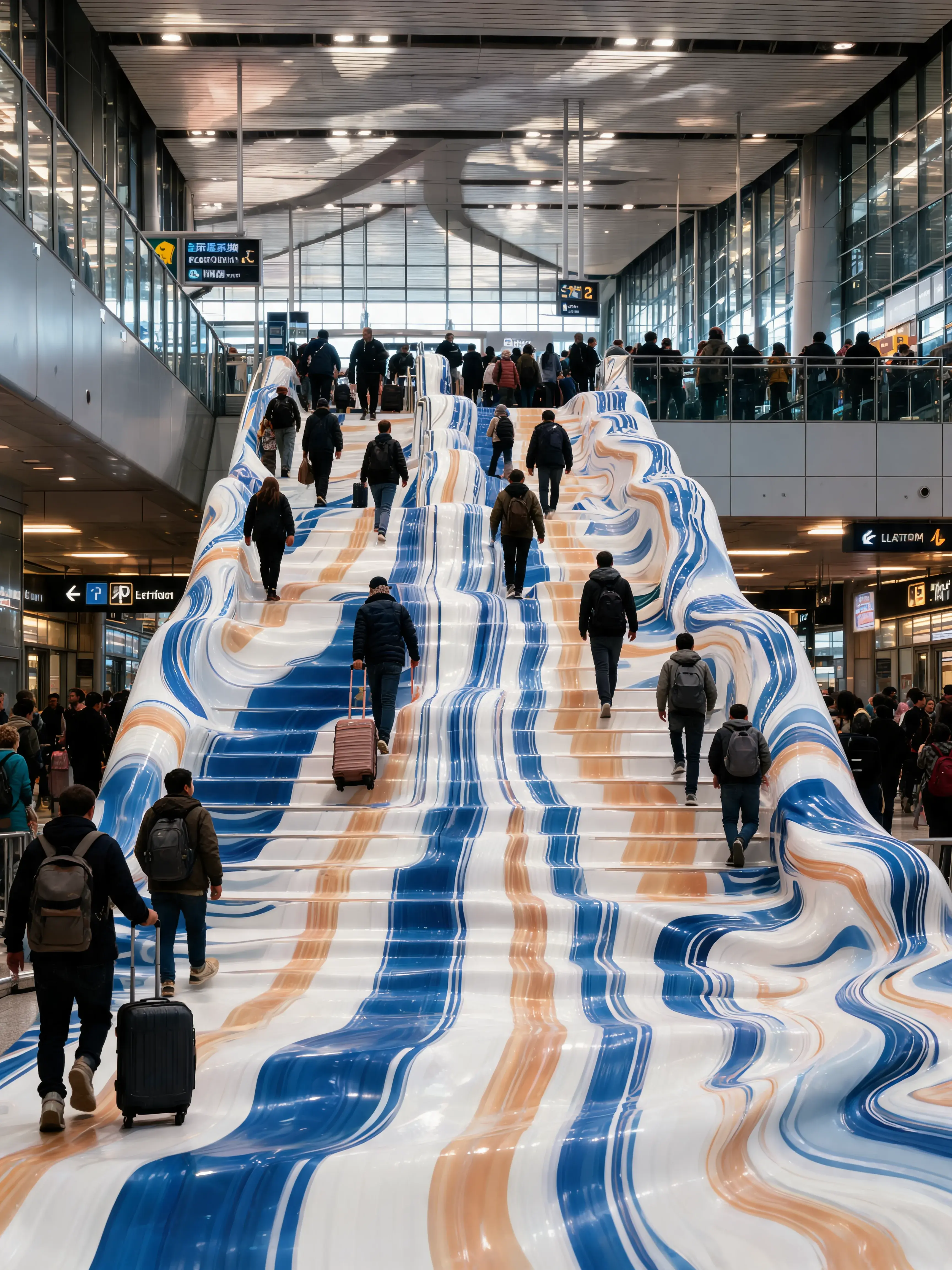 Hall d'aéroport avec rampe recouverte de matière marbré rayée – voyageurs, espace transit