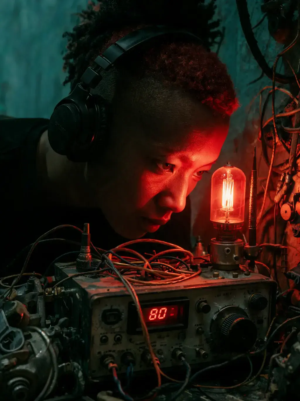 Homme asiatique avec casque audio se penchant sur un appareil électronique analogique avec ampoule