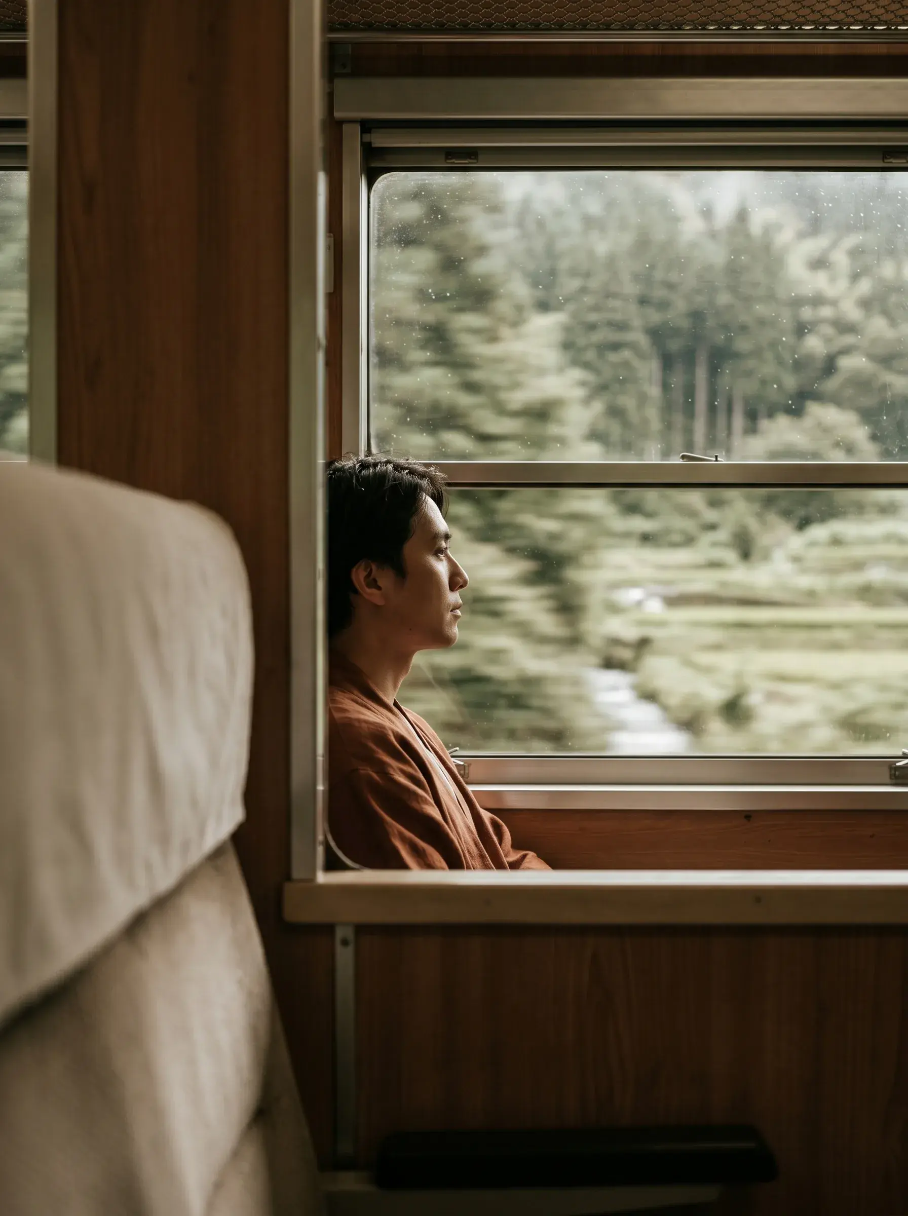 Homme asiatique regardant par fenêtre de wagon de train – forêt verte, voyage, contemplation